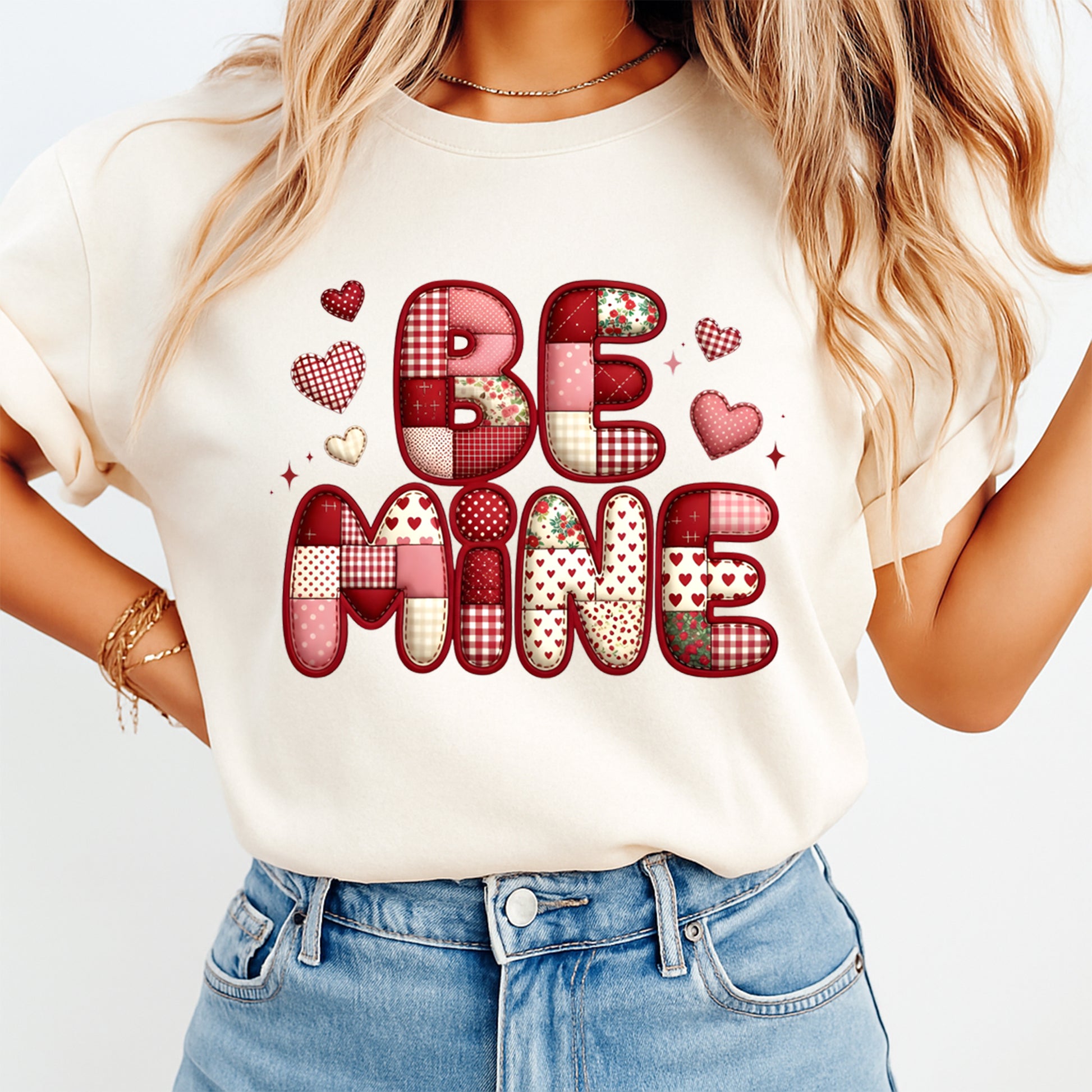 Patchwork Be Mine heart graphic printed on cream shirt for Valentine outfit