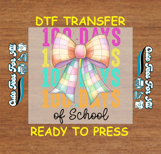 100 days of school ready to press dtf transfer iron on decal heat transfer for DIY shirts with pastel plaid bow and colorful numbers