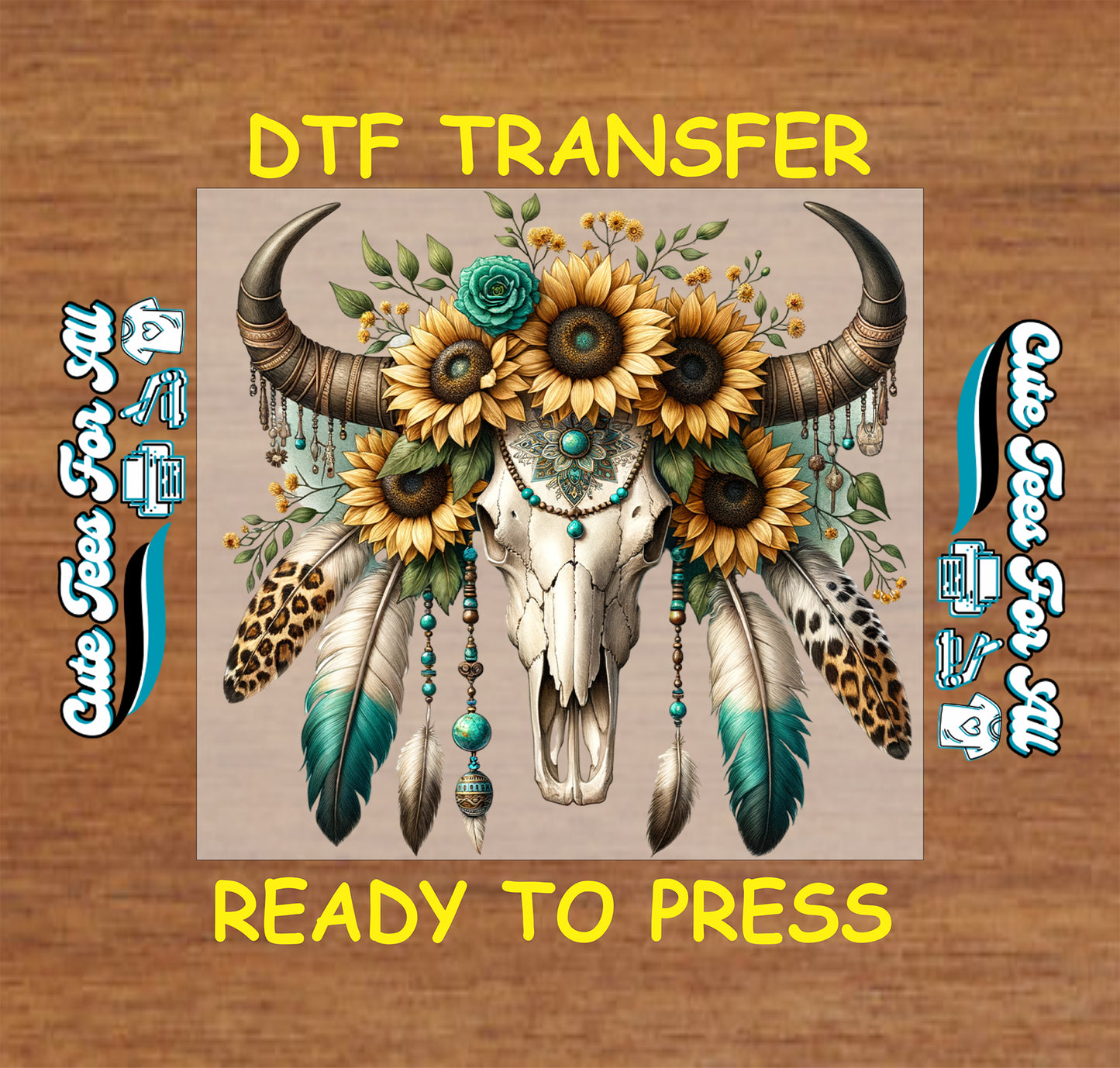 western cow skull with sunflower crown feathers turquoise beads ready to press dtf transfer boho western graphic