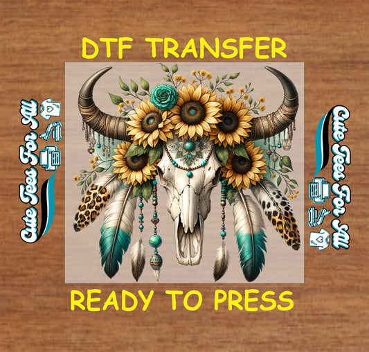 western cow skull with sunflower crown feathers turquoise beads ready to press dtf transfer boho western graphic