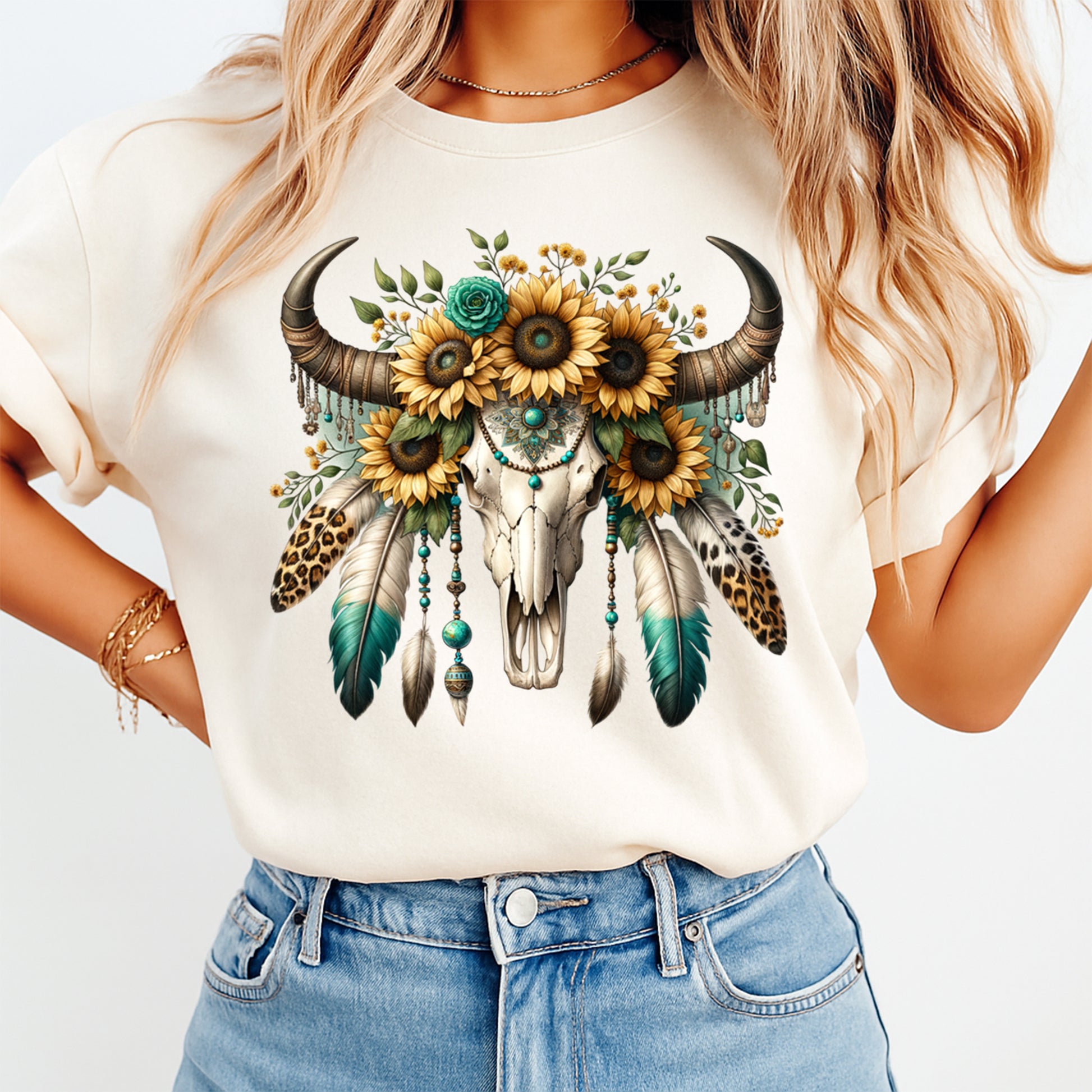 woman wearing shirt with western sunflower cow skull graphic ready to press dtf transfer design