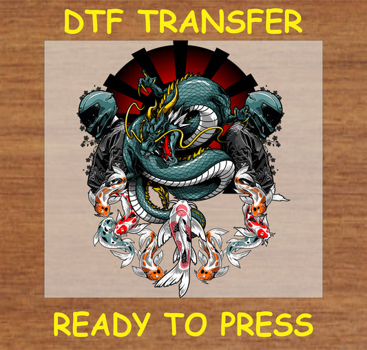 "Dragon and Koi Biker DTF Transfer with detailed dragon, koi fish, and biker helmets design"