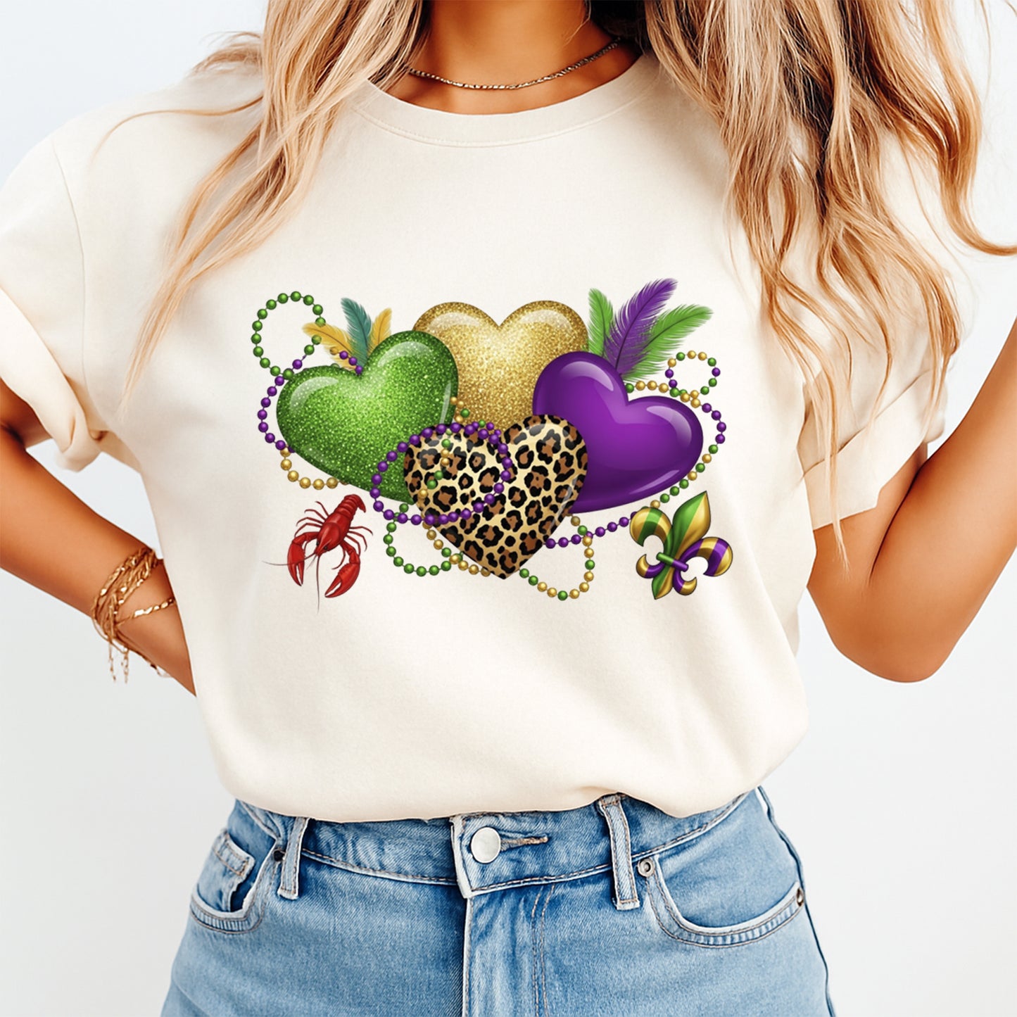 mardi gras hearts bead necklace crawfish fleur de lis shirt graphic ready to press dtf transfer applied to apparel