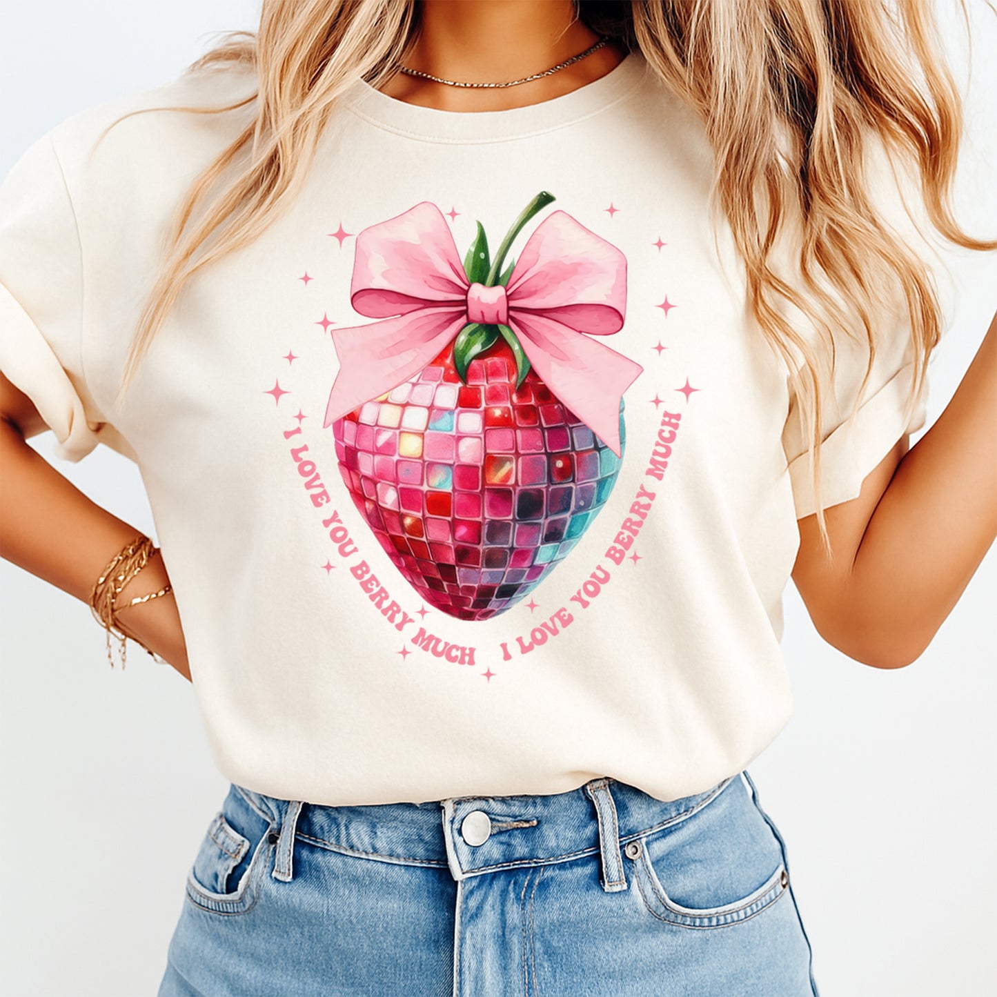 woman wearing shirt with pink bow disco strawberry graphic and i love you berry much phrase ready to press dtf transfer design