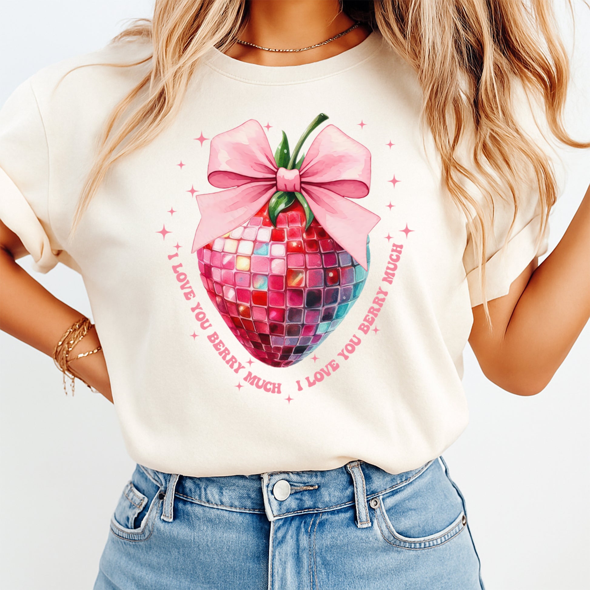 woman wearing shirt with pink bow disco strawberry graphic and i love you berry much phrase ready to press dtf transfer design