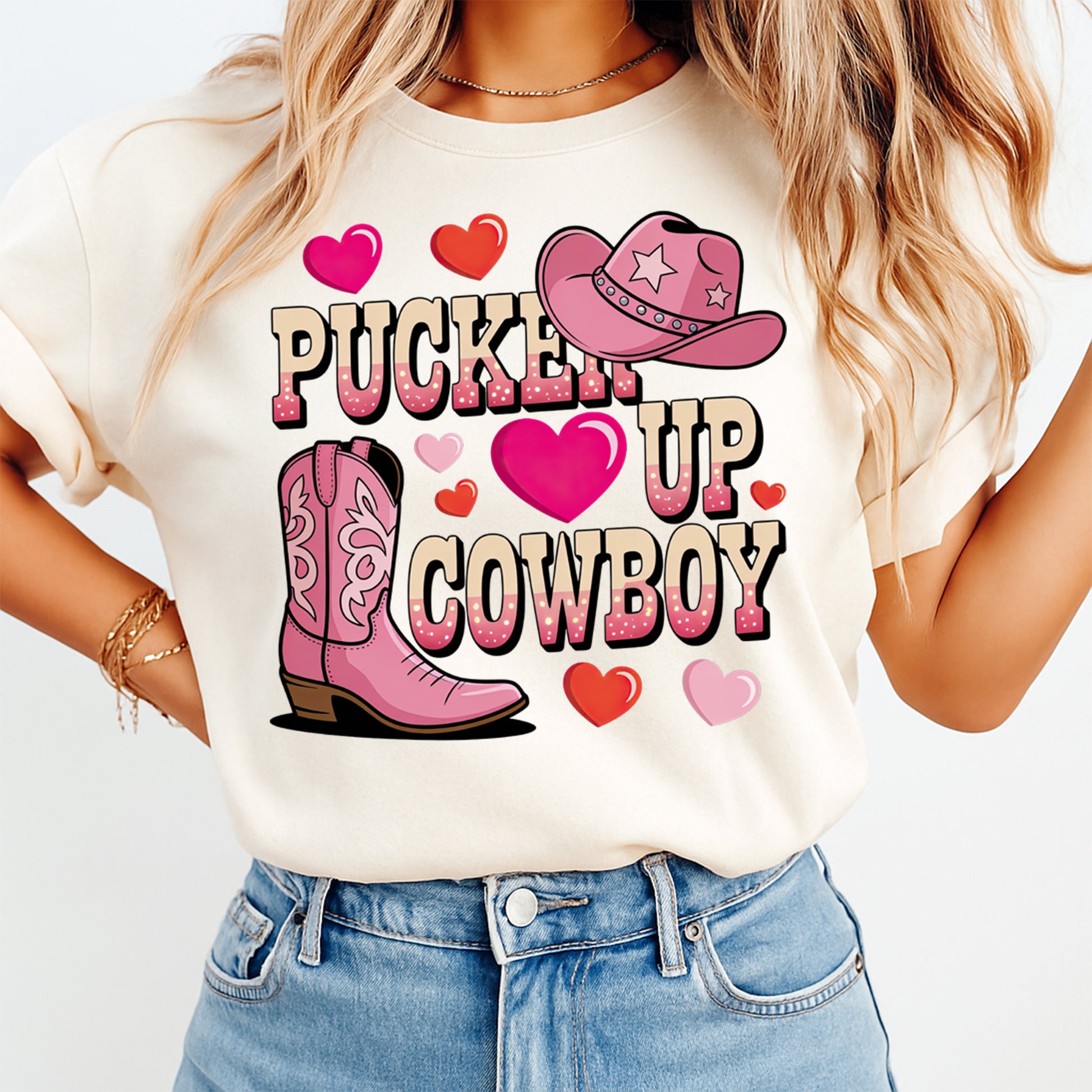 pucker up cowboy western boot hat hearts shirt graphic ready to press dtf transfer applied to apparel