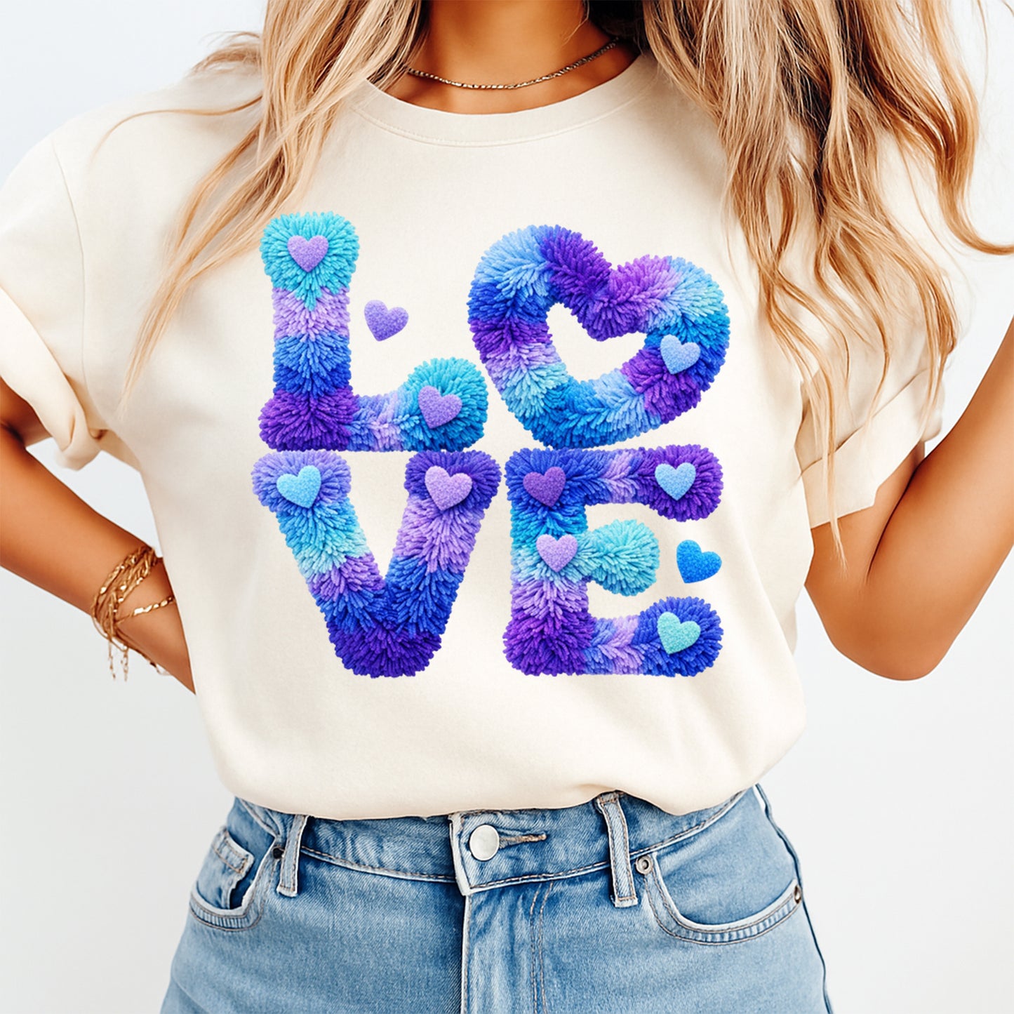 fuzzy love lettering heart graphic shirt ready to press dtf transfer applied to apparel