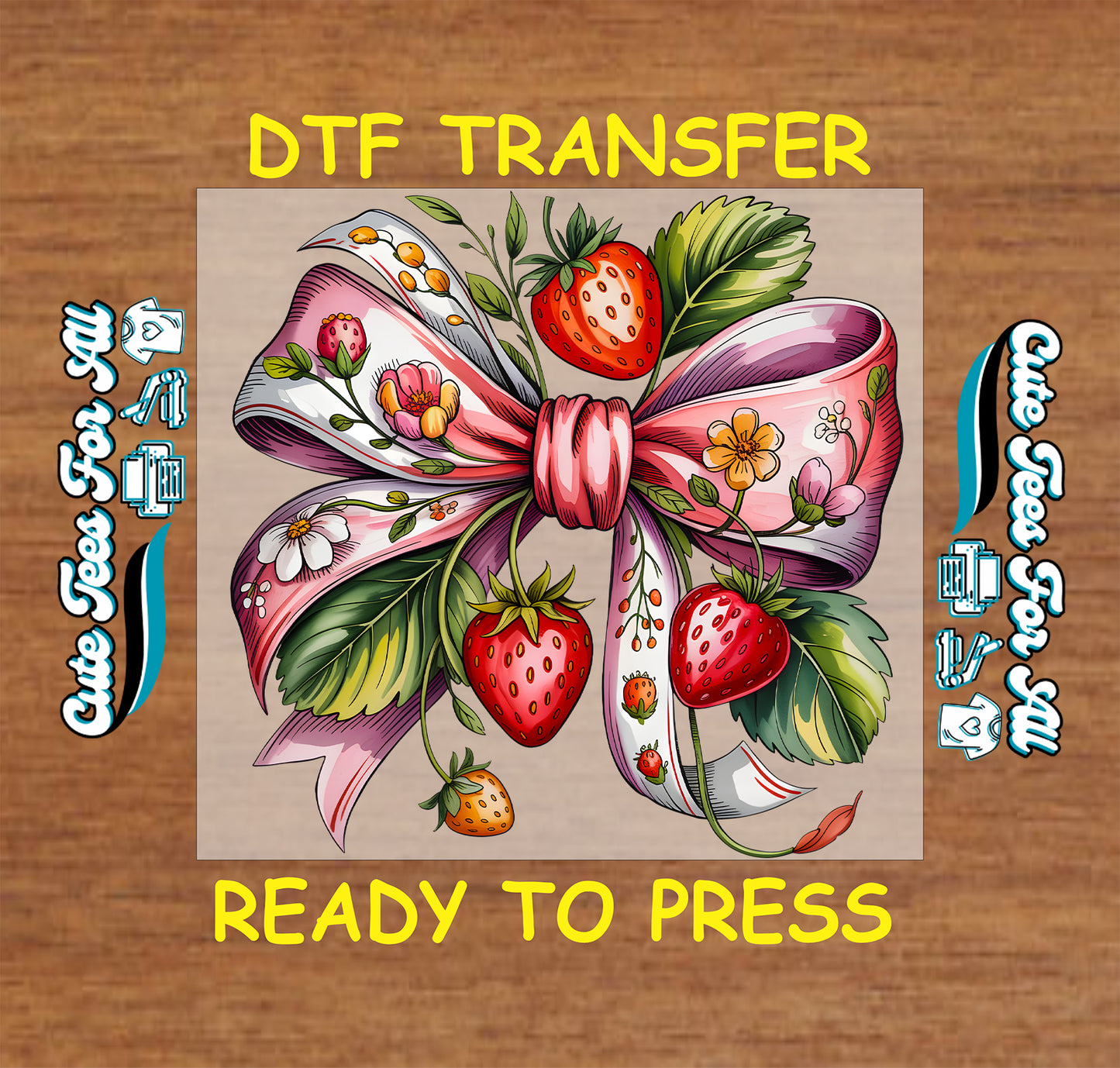 strawberry bow ready to press dtf transfer floral berry ribbon iron on heat transfer for diy shirts