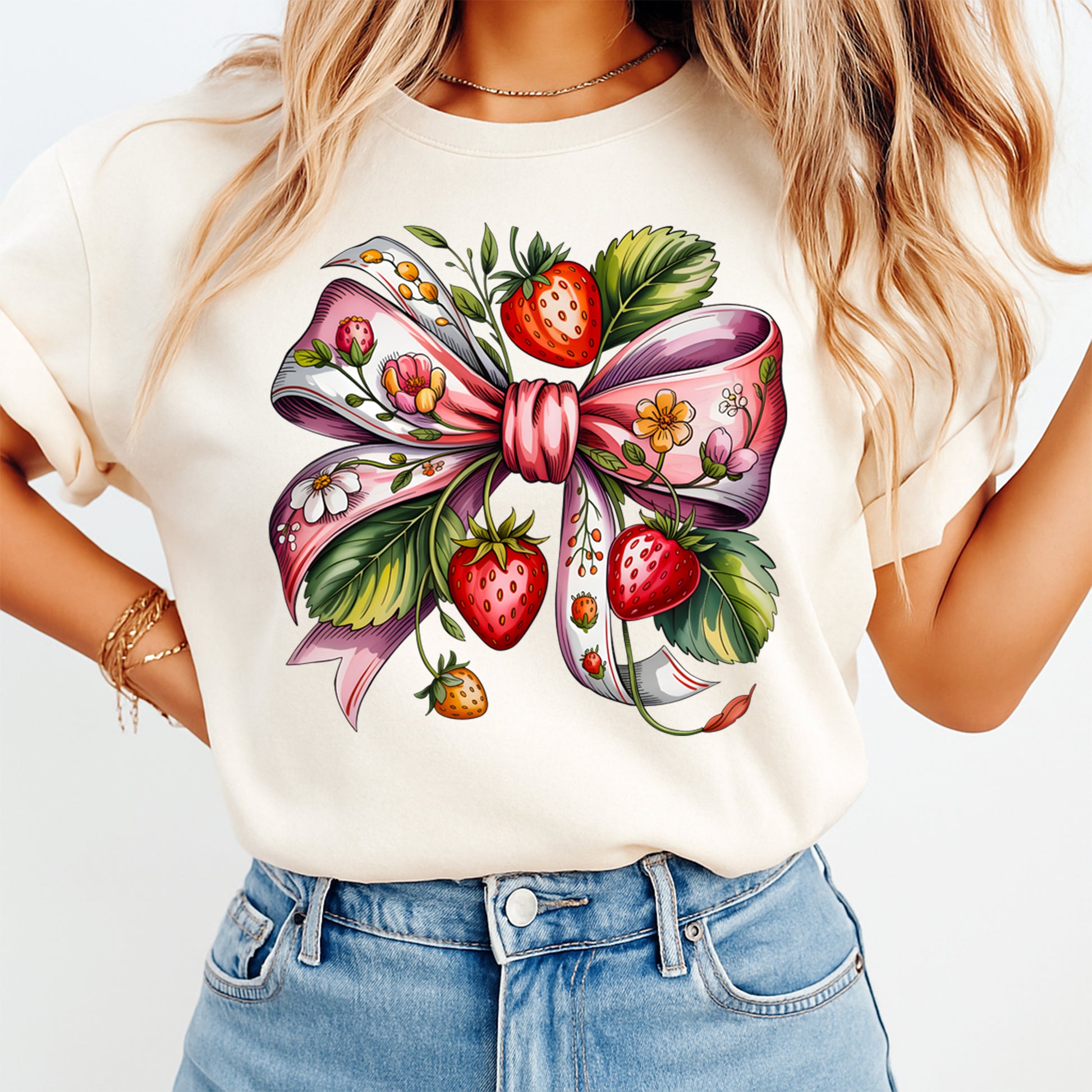 strawberry floral bow graphic shirt ready to press dtf transfer applied to apparel