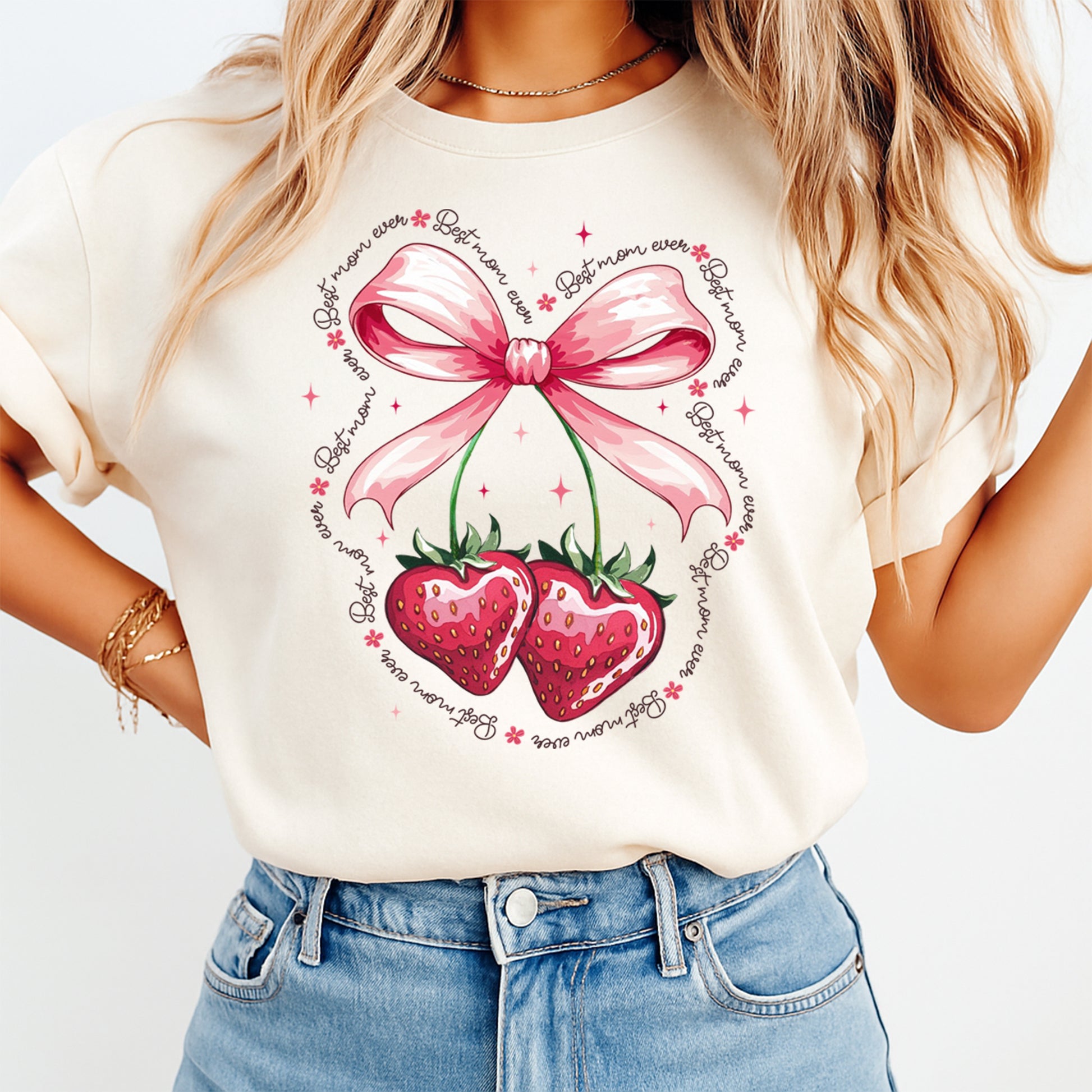 best mom ever strawberry bow graphic shirt ready to press dtf transfer applied to apparel