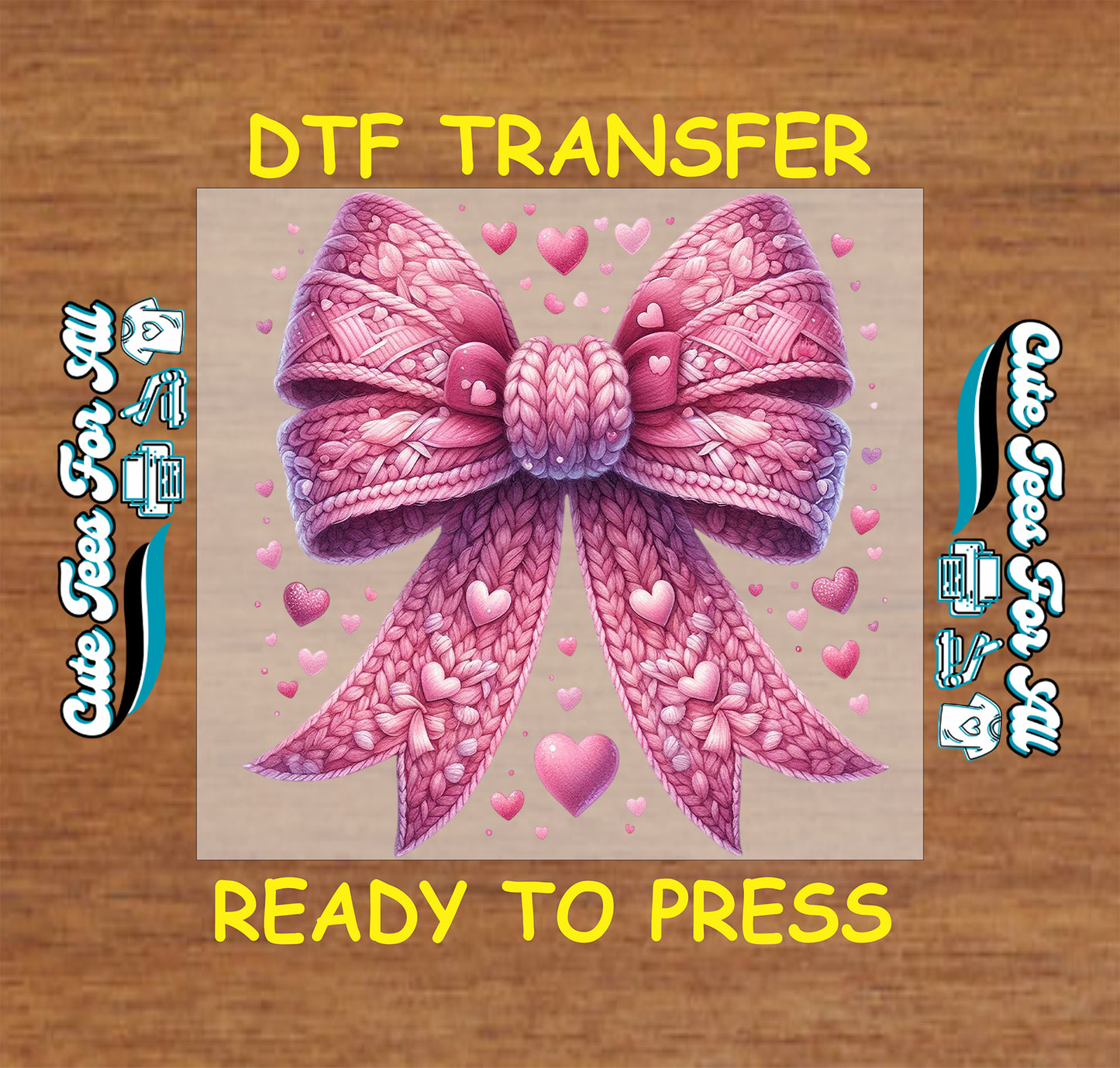 pink knit bow heart ready to press dtf transfer valentine iron on heat transfer for diy shirts