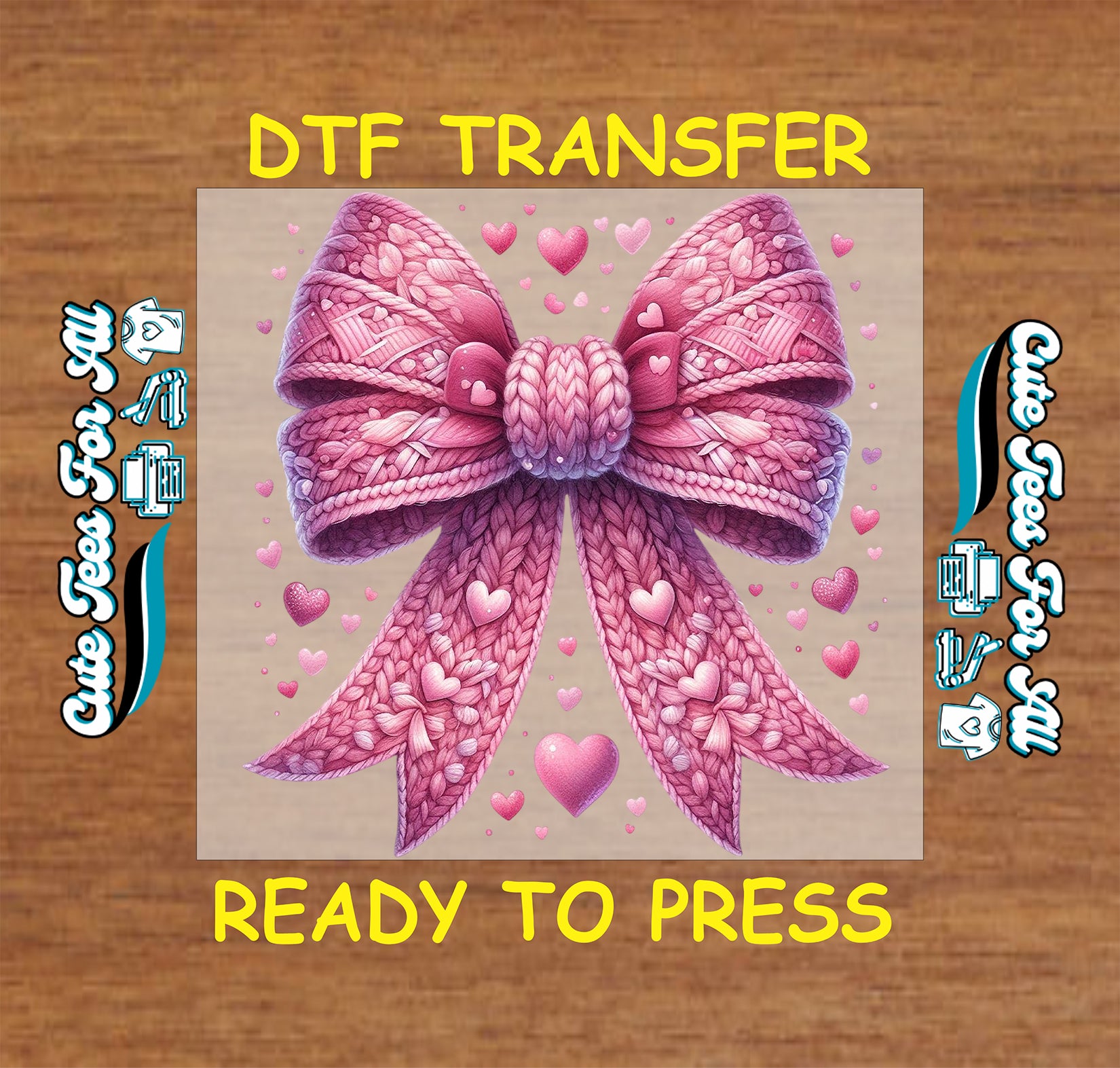 pink knit bow heart ready to press dtf transfer valentine iron on heat transfer for diy shirts