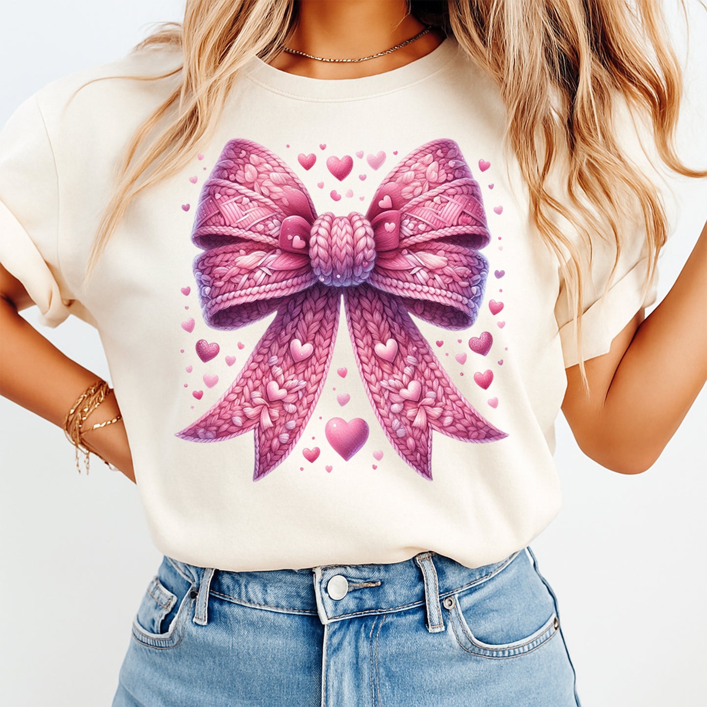 pink knitted bow heart graphic shirt ready to press dtf transfer applied to apparel