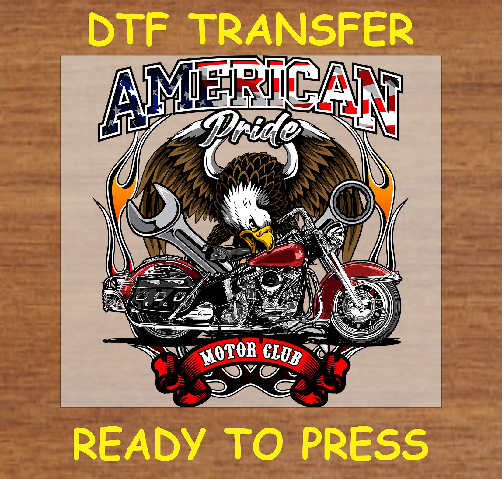 "American Pride Motor Club DTF Transfer with bald eagle, motorcycle, and American flag design"