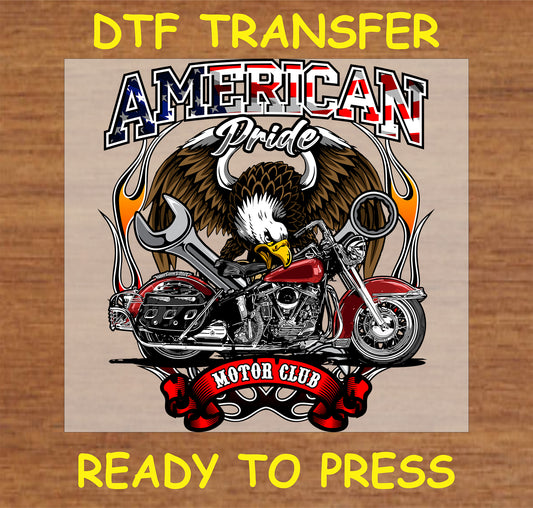 "American Pride Motor Club DTF Transfer with bald eagle, motorcycle, and American flag design"