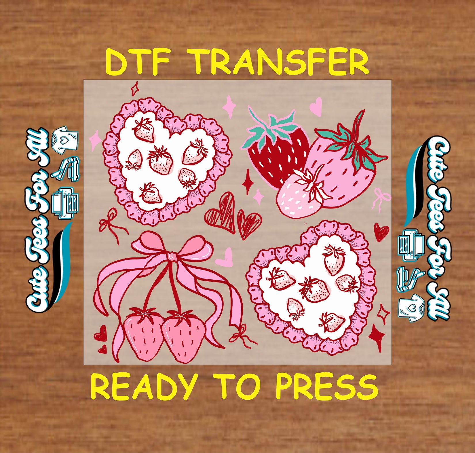 strawberry valentine hearts bow ready to press dtf transfer iron on heat transfer for diy shirts