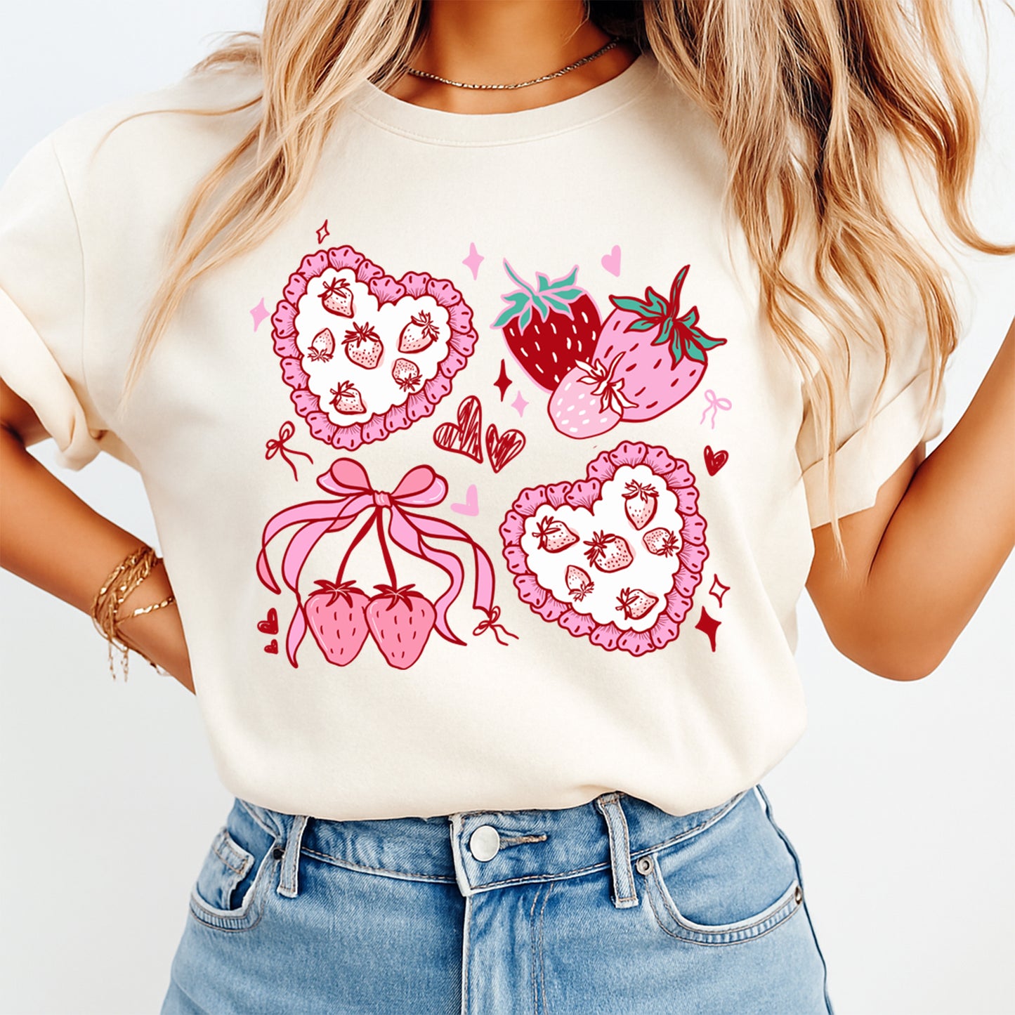 strawberry hearts bow graphic shirt ready to press dtf transfer applied to apparel