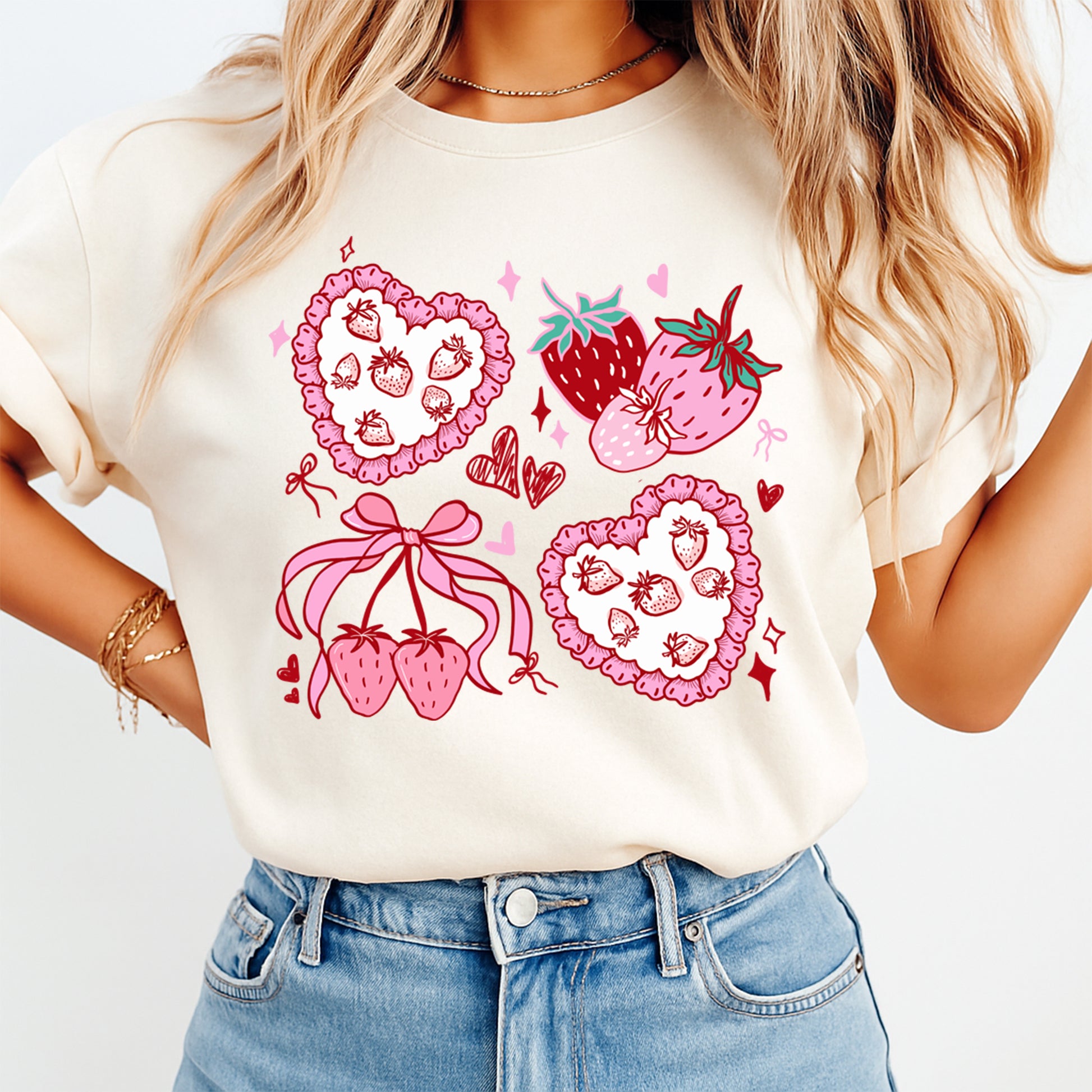 strawberry hearts bow graphic shirt ready to press dtf transfer applied to apparel