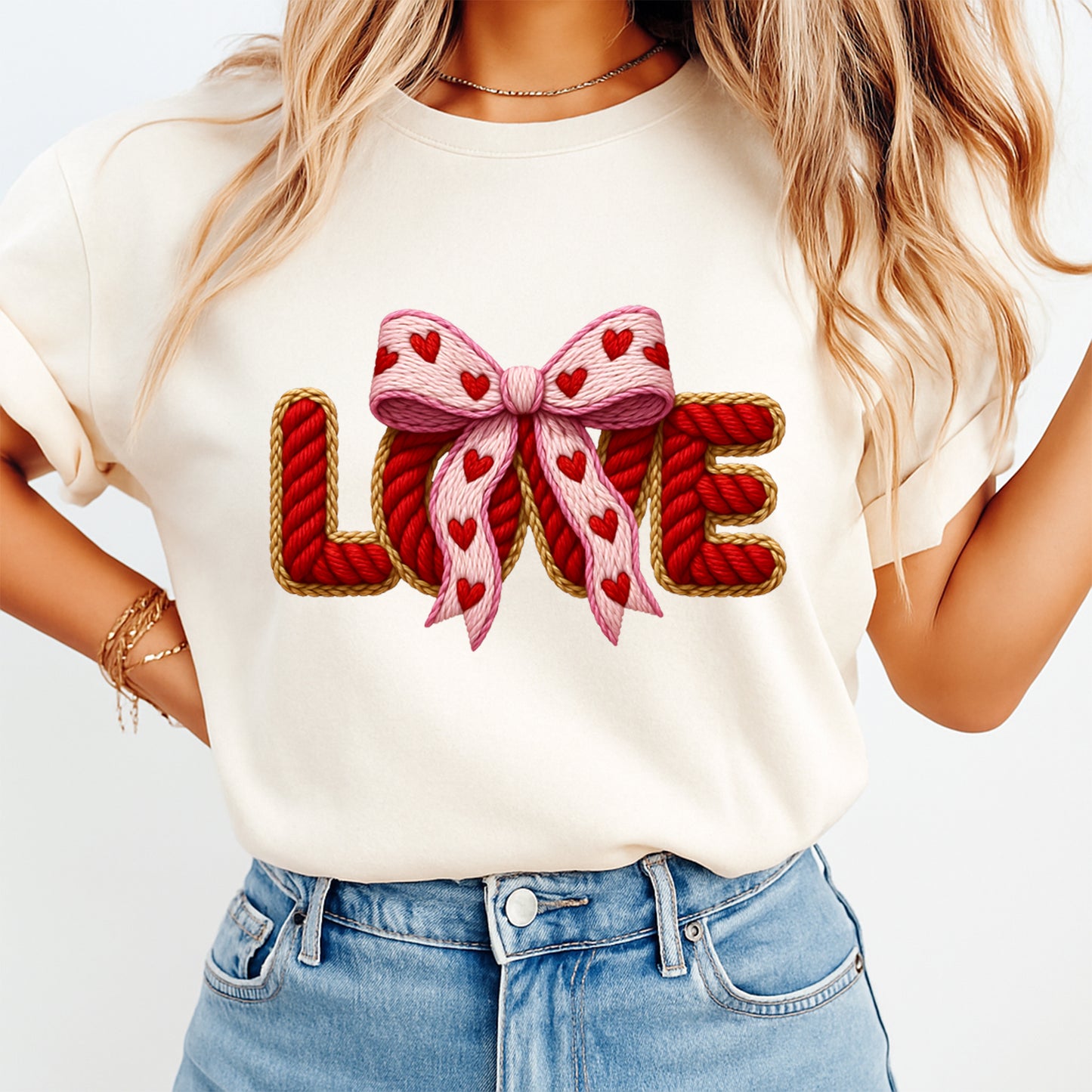love heart bow graphic shirt ready to press dtf transfer applied to apparel