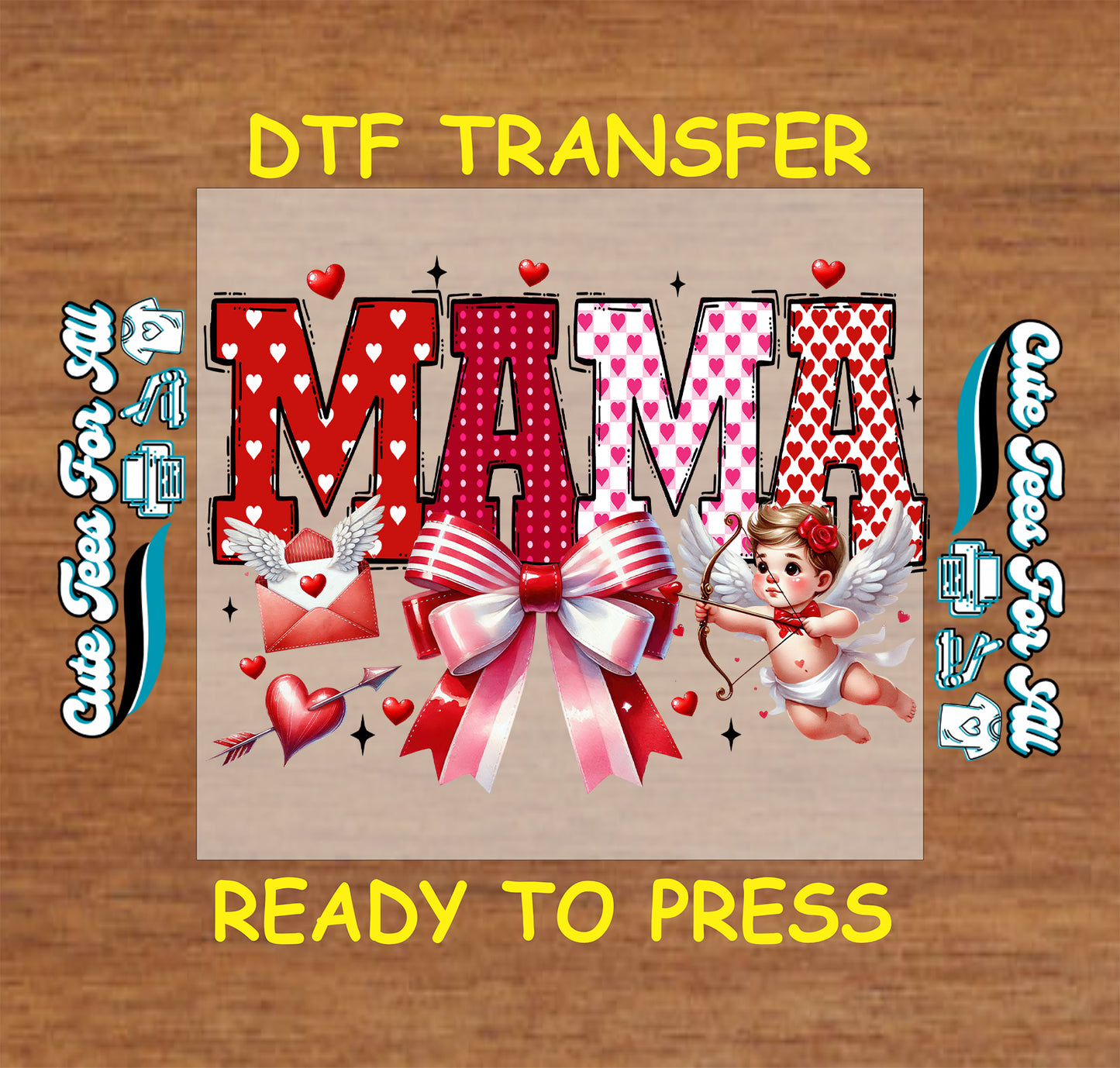 mama valentine hearts cupid ribbon bow ready to press dtf heat transfer iron on decal for diy shirts