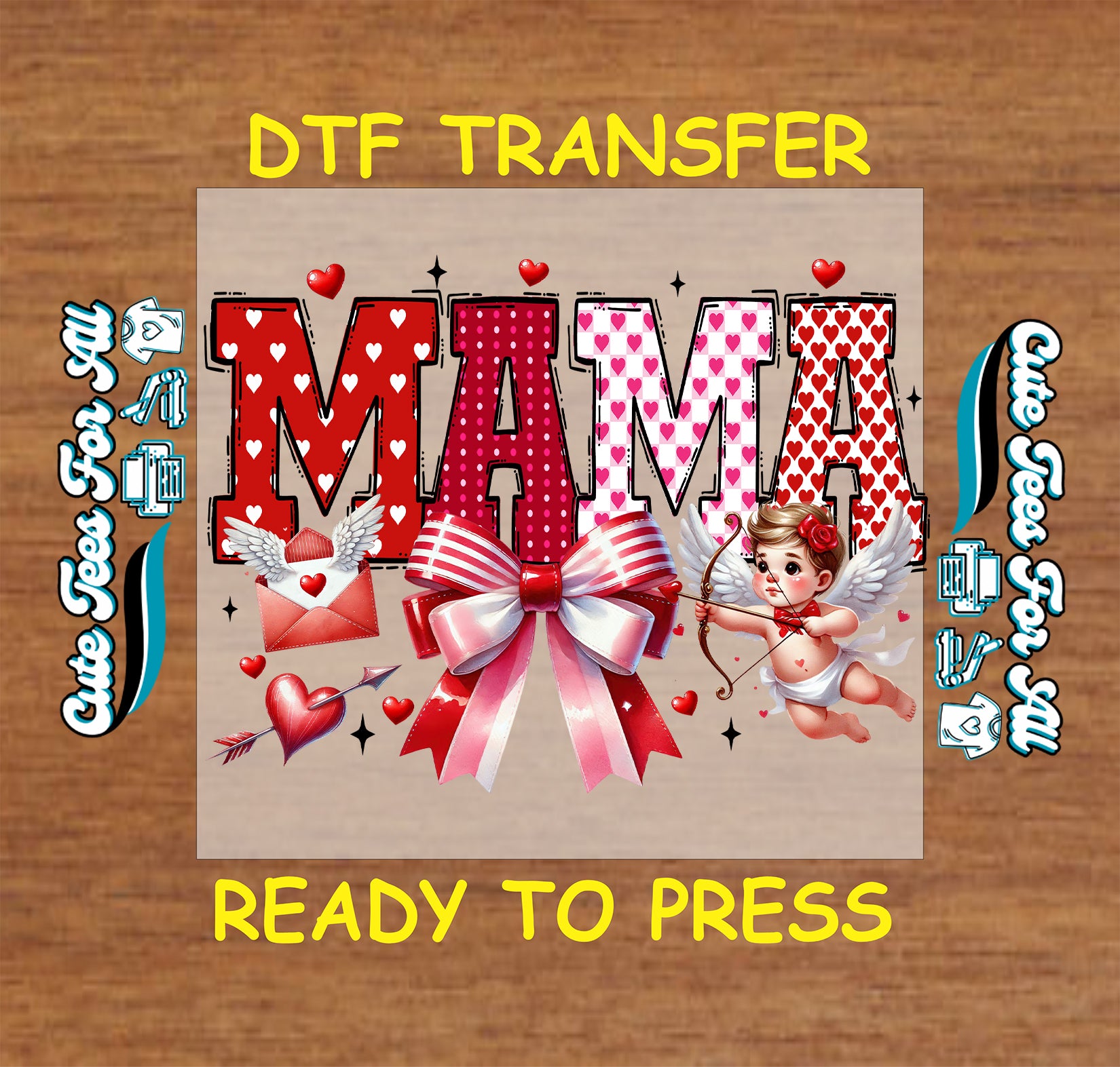 mama valentine hearts cupid ribbon bow ready to press dtf heat transfer iron on decal for diy shirts
