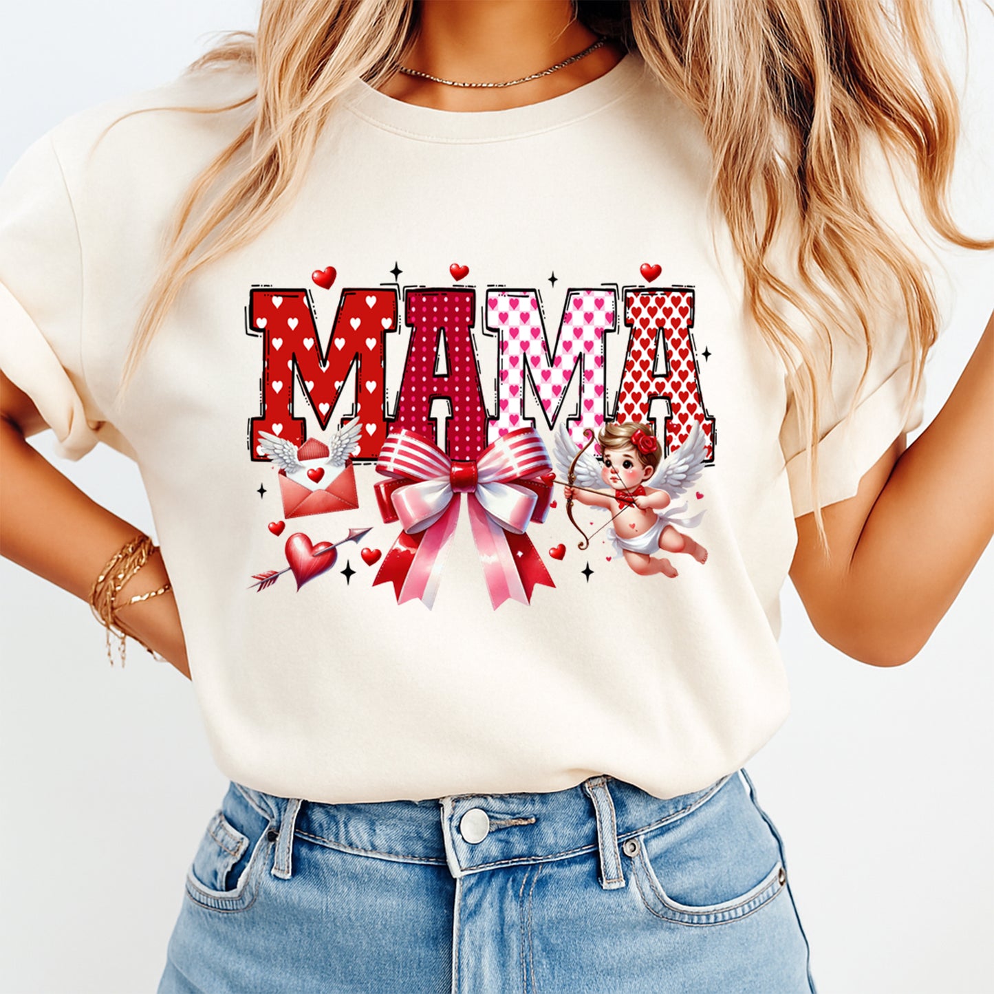 mama valentine cupid hearts ribbon bow graphic printed on womens shirt ready to press dtf heat transfer design