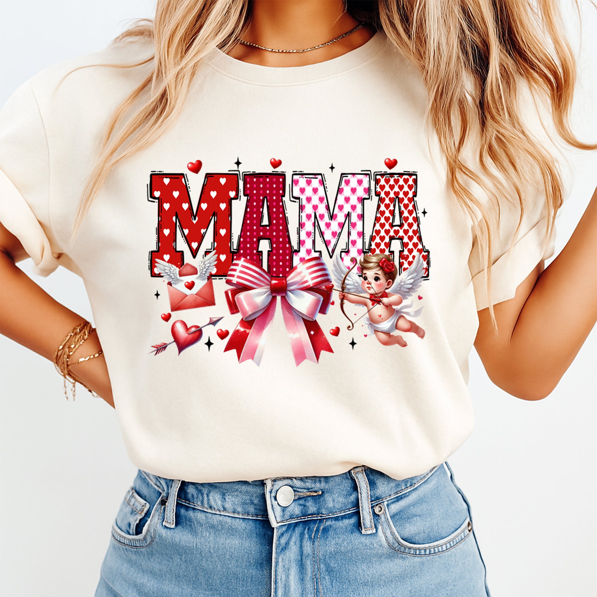 mama valentine cupid hearts ribbon bow graphic printed on womens shirt ready to press dtf heat transfer design