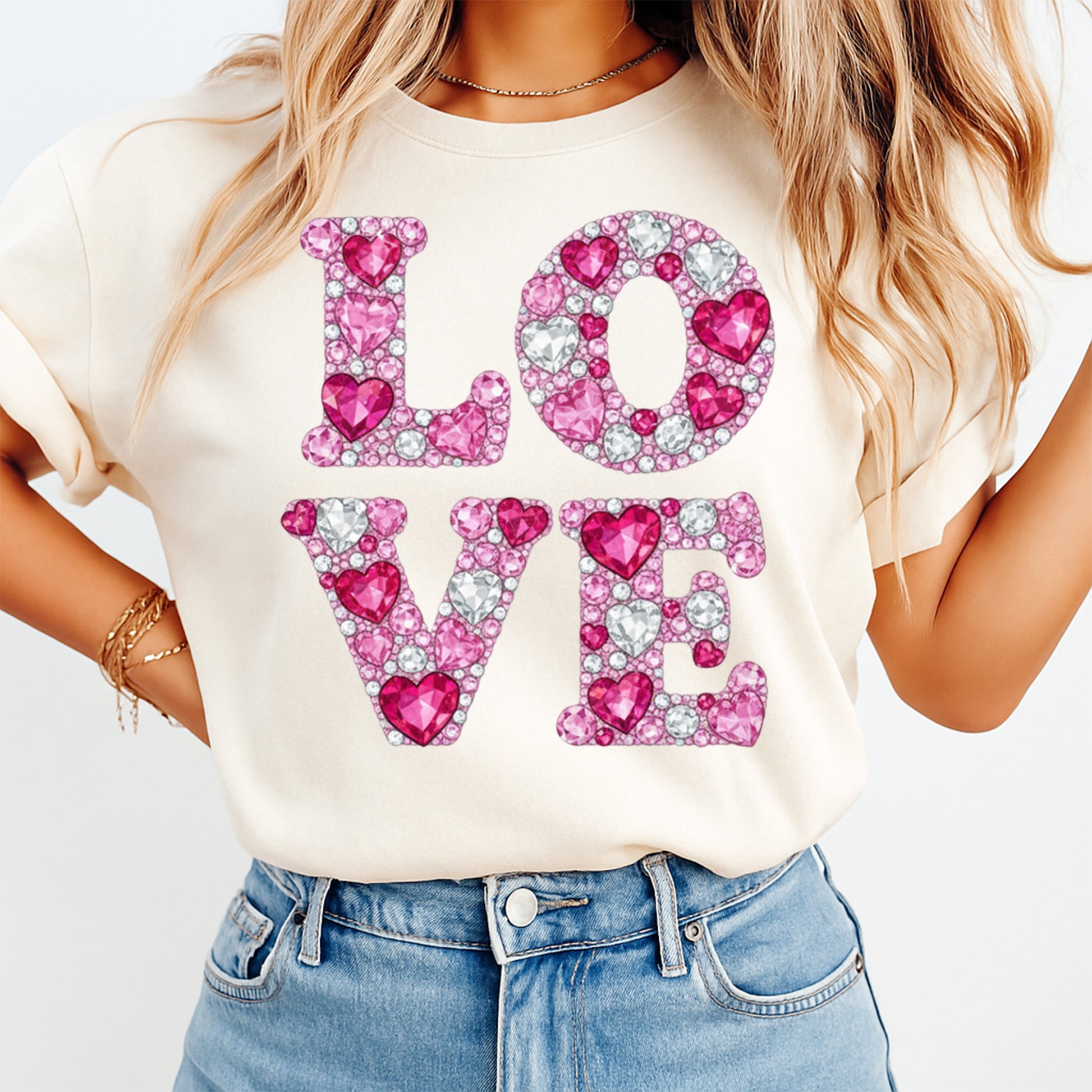 love pink heart gemstone graphic printed on womens shirt ready to press dtf heat transfer design