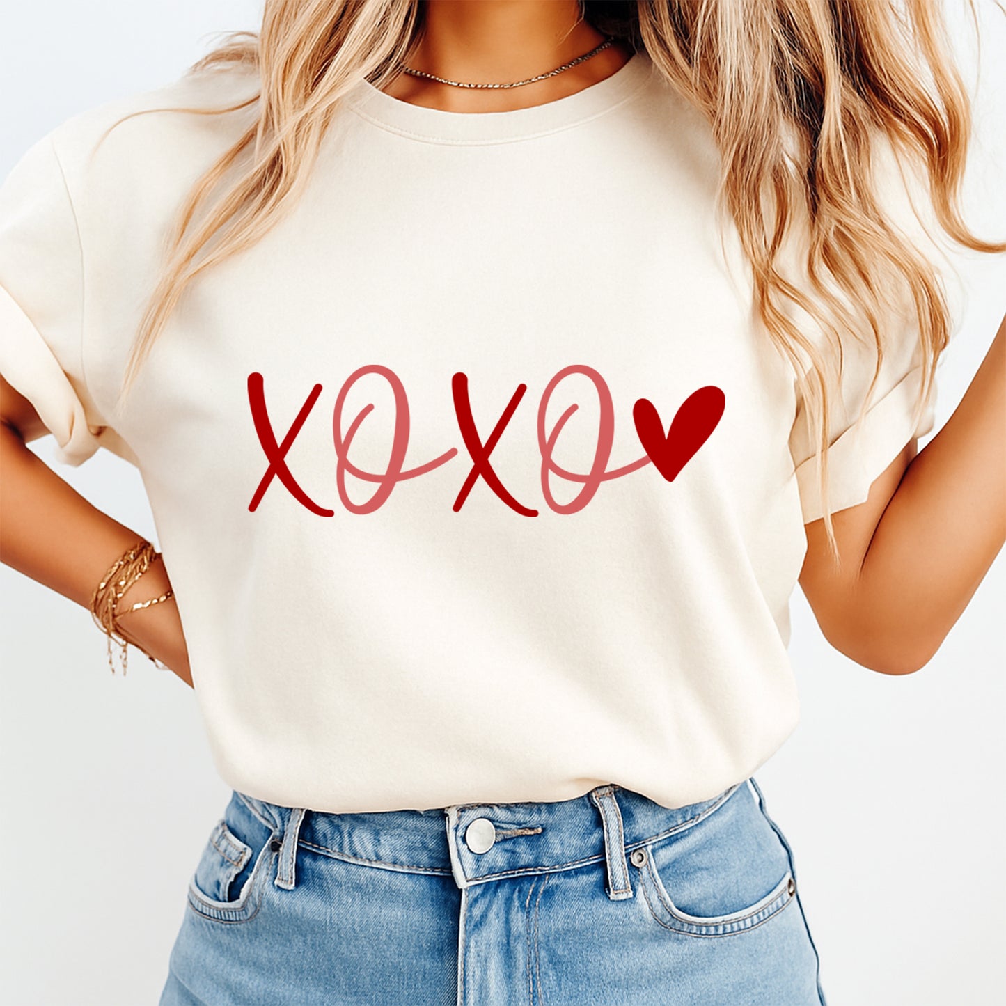 xoxo valentine kiss script graphic printed on womens shirt ready to press dtf heat transfer design