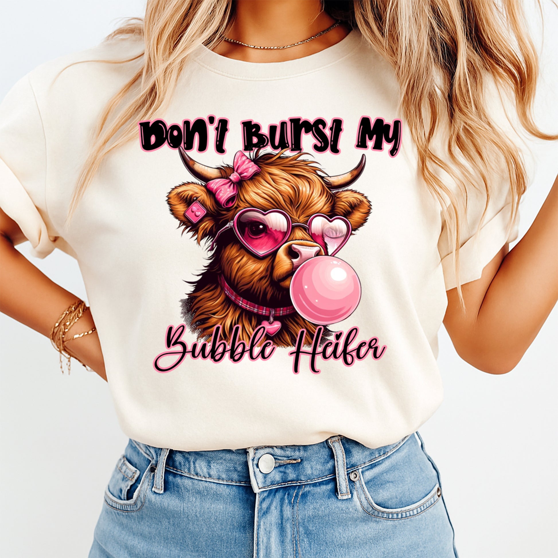 western humor cow graphic tee mockup featuring don’t burst my bubble heifer cow blowing bubble gum shirt design