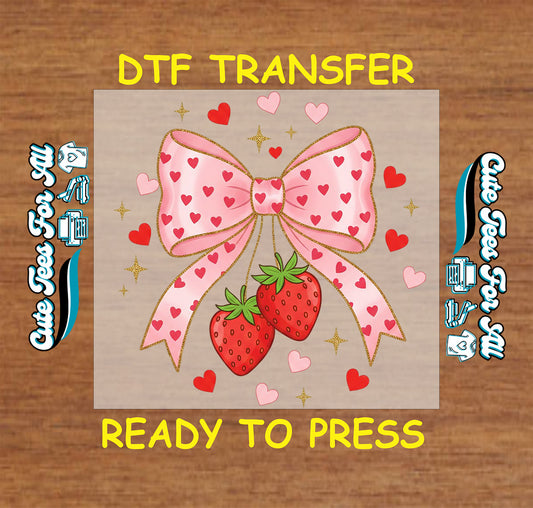 strawberry bow ready to press dtf transfer pink heart bow with strawberries iron on heat transfer for valentine diy shirts