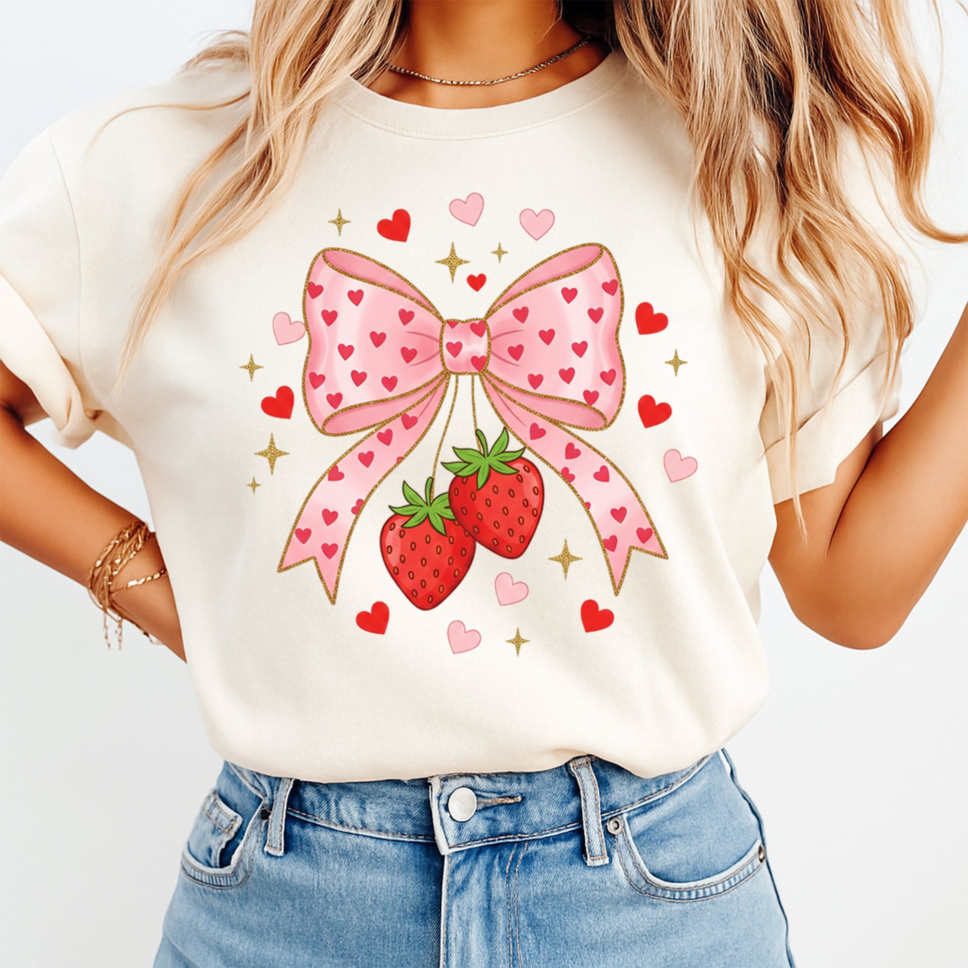 pink strawberry bow graphic tee mockup featuring heart bow and strawberry valentine shirt design