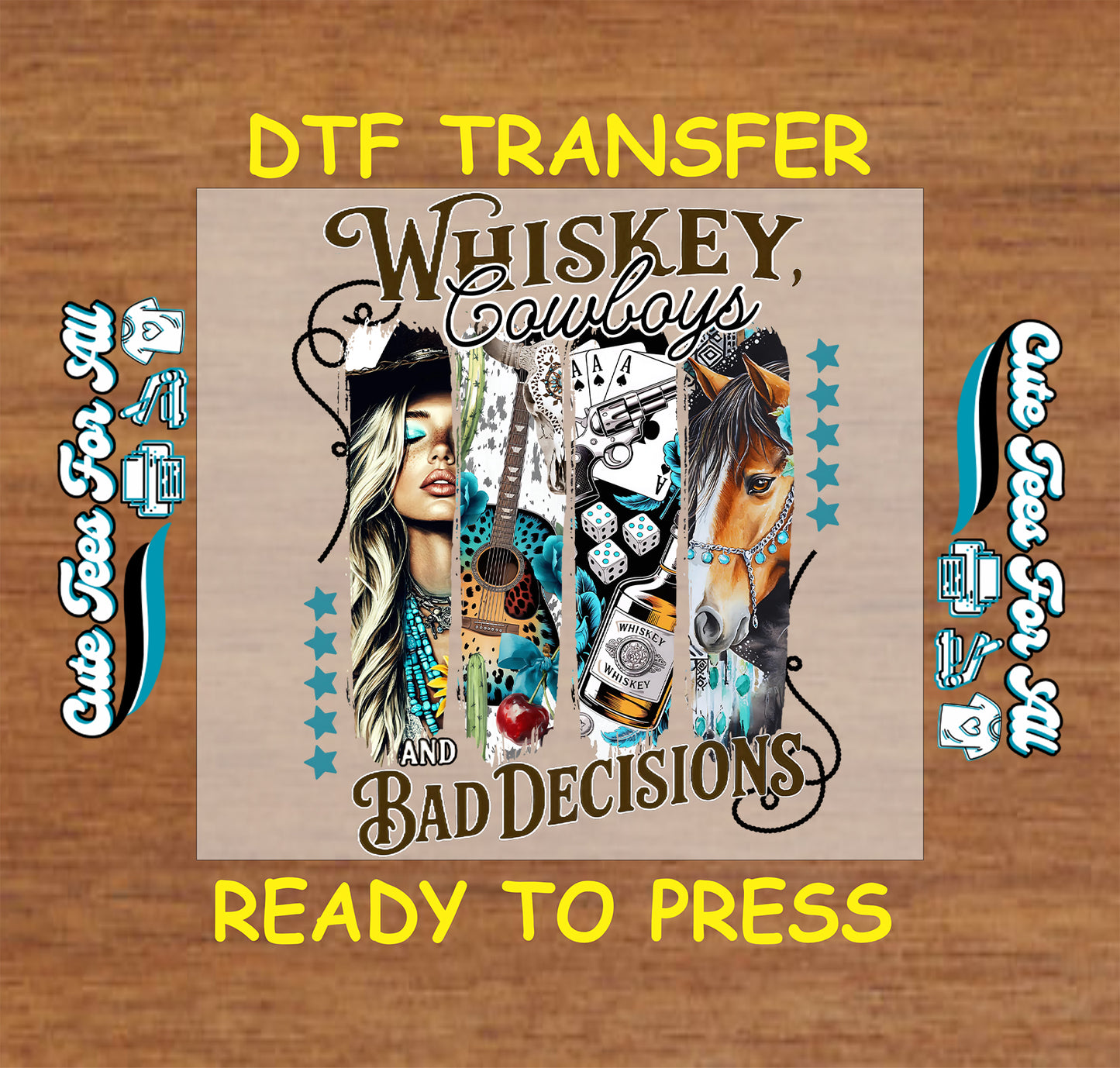 western cowgirl ready to press dtf transfer whiskey cowboys and bad decisions iron on heat transfer for diy shirts