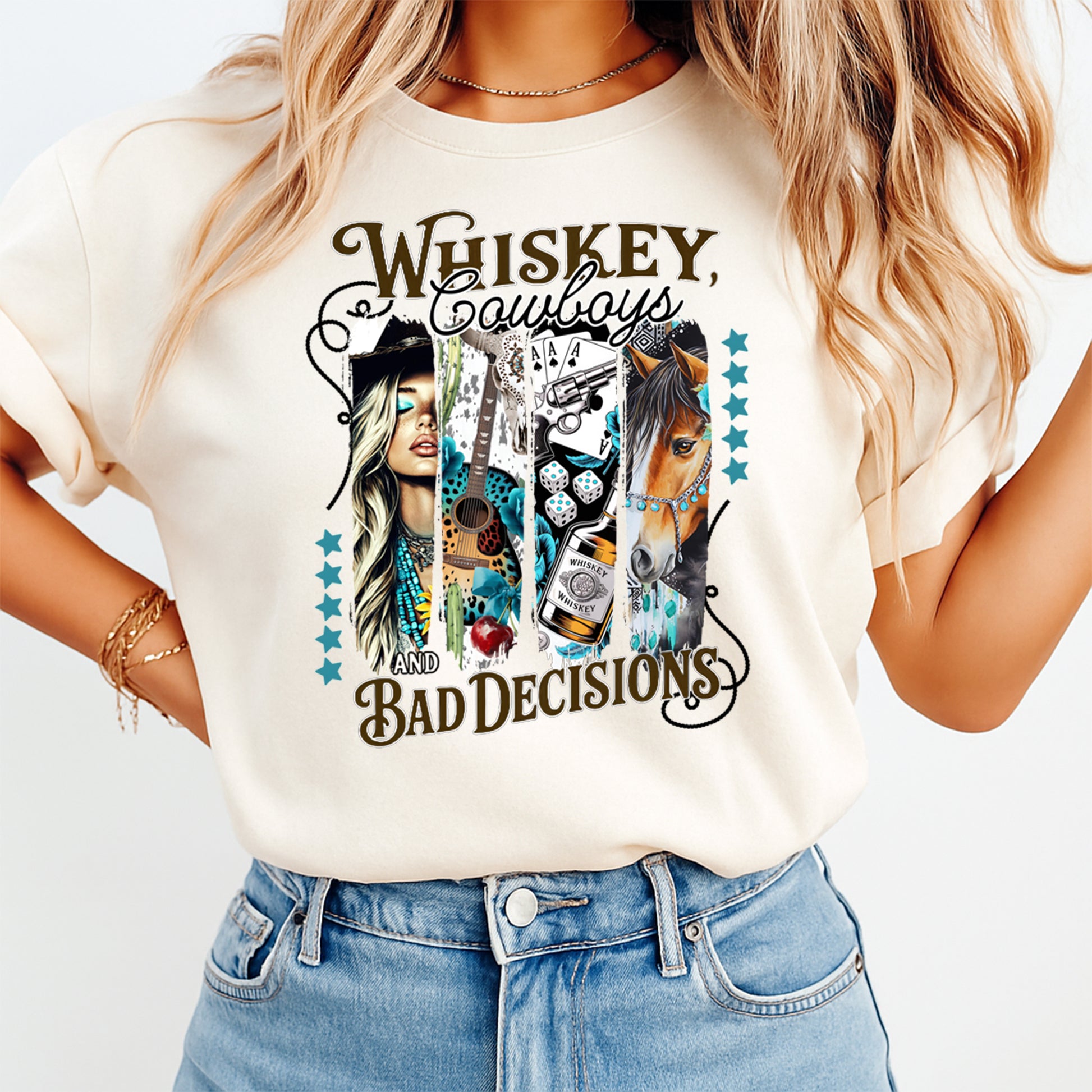 western cowgirl graphic tee mockup featuring whiskey cowboys and bad decisions rodeo themed shirt design