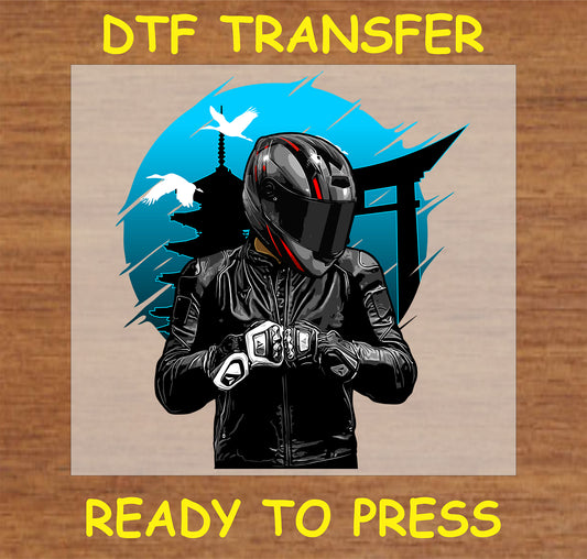 "Japanese Biker Spirit DTF Transfer featuring a biker with Japanese pagoda, torii gate, and crane design"