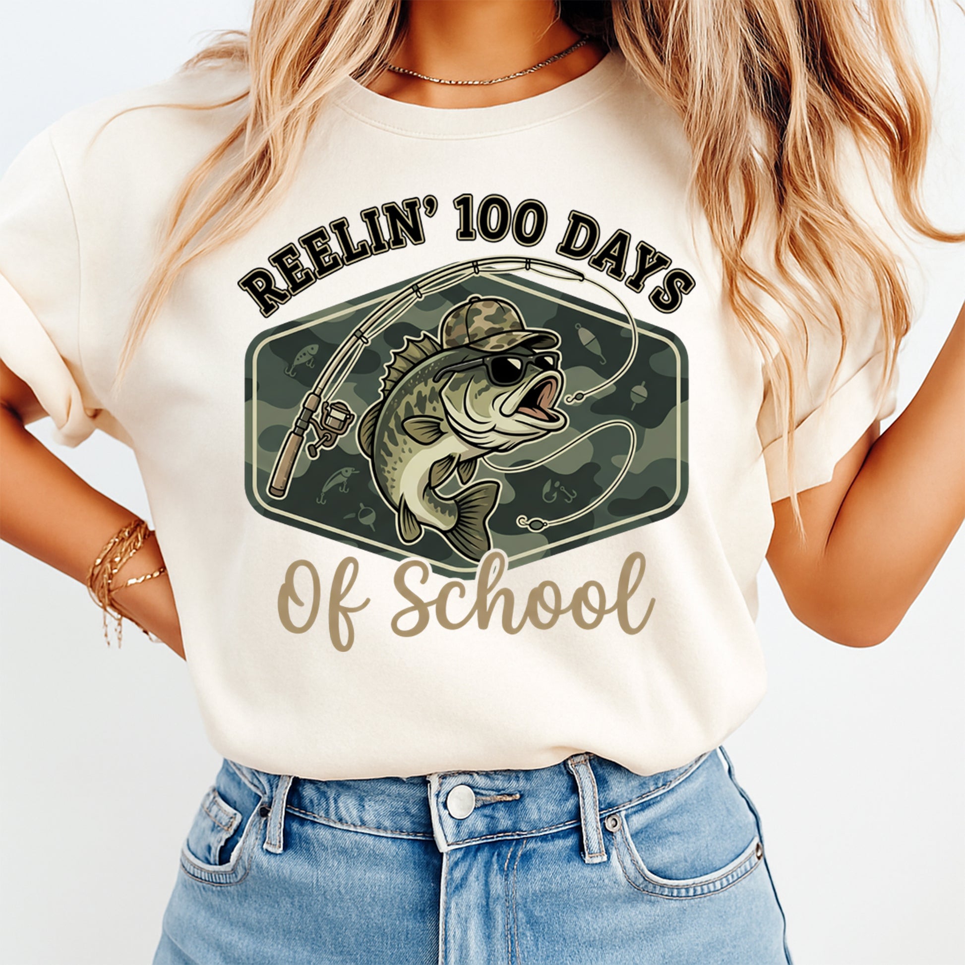 fishing themed school graphic tee mockup featuring reelin 100 days of school bass fish shirt design