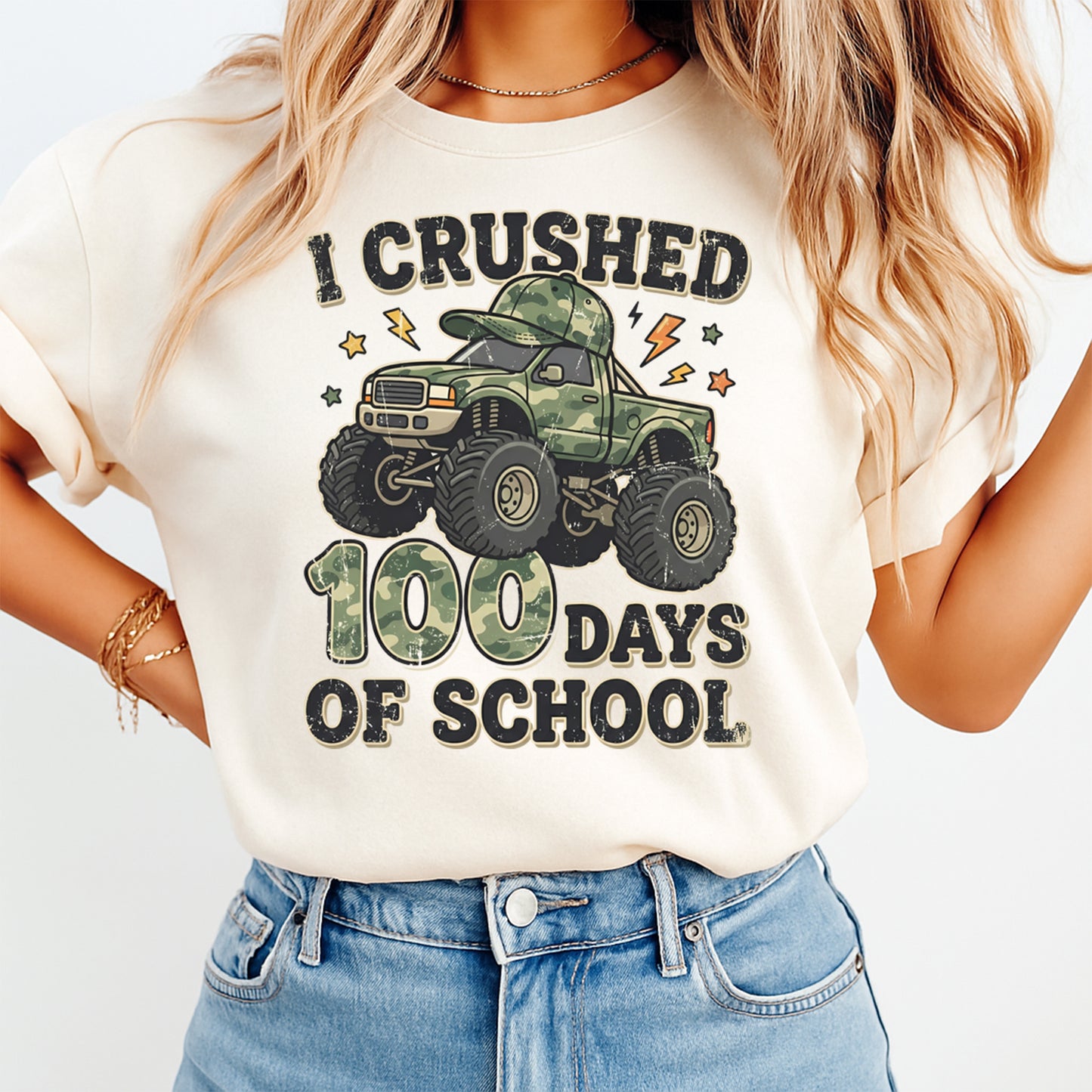 monster truck school graphic tee mockup featuring i crushed 100 days of school truck shirt design