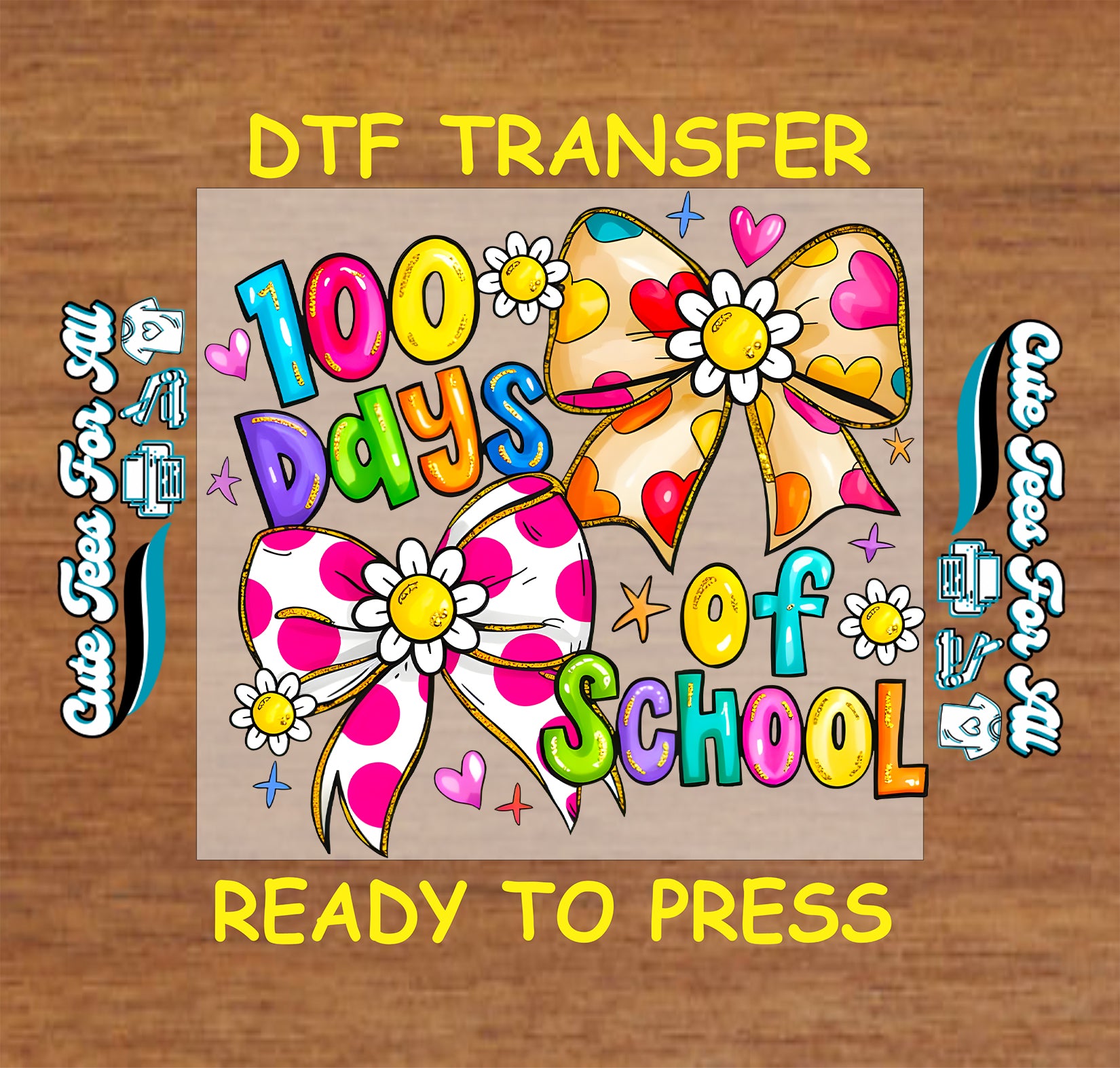 100 days of school bow design ready to press dtf transfer colorful school milestone iron on heat transfer for diy shirts