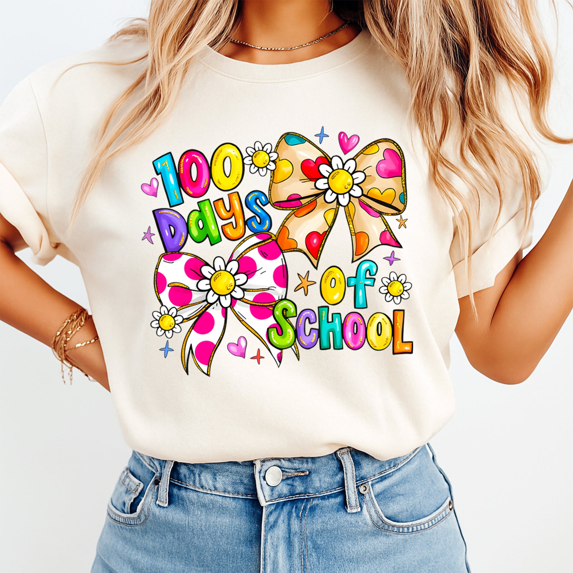 colorful bow 100 days of school graphic tee mockup showing bright classroom celebration shirt design