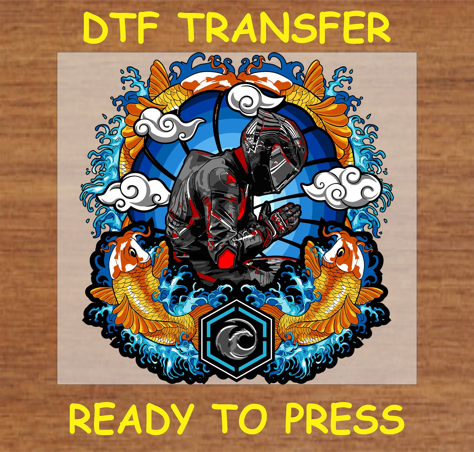 "Zen Biker Koi DTF Transfer featuring a meditative biker with koi fish, waves, and traditional clouds"