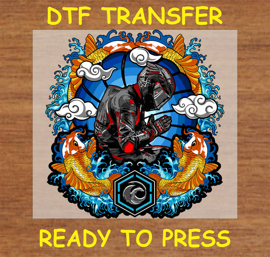 "Zen Biker Koi DTF Transfer featuring a meditative biker with koi fish, waves, and traditional clouds"