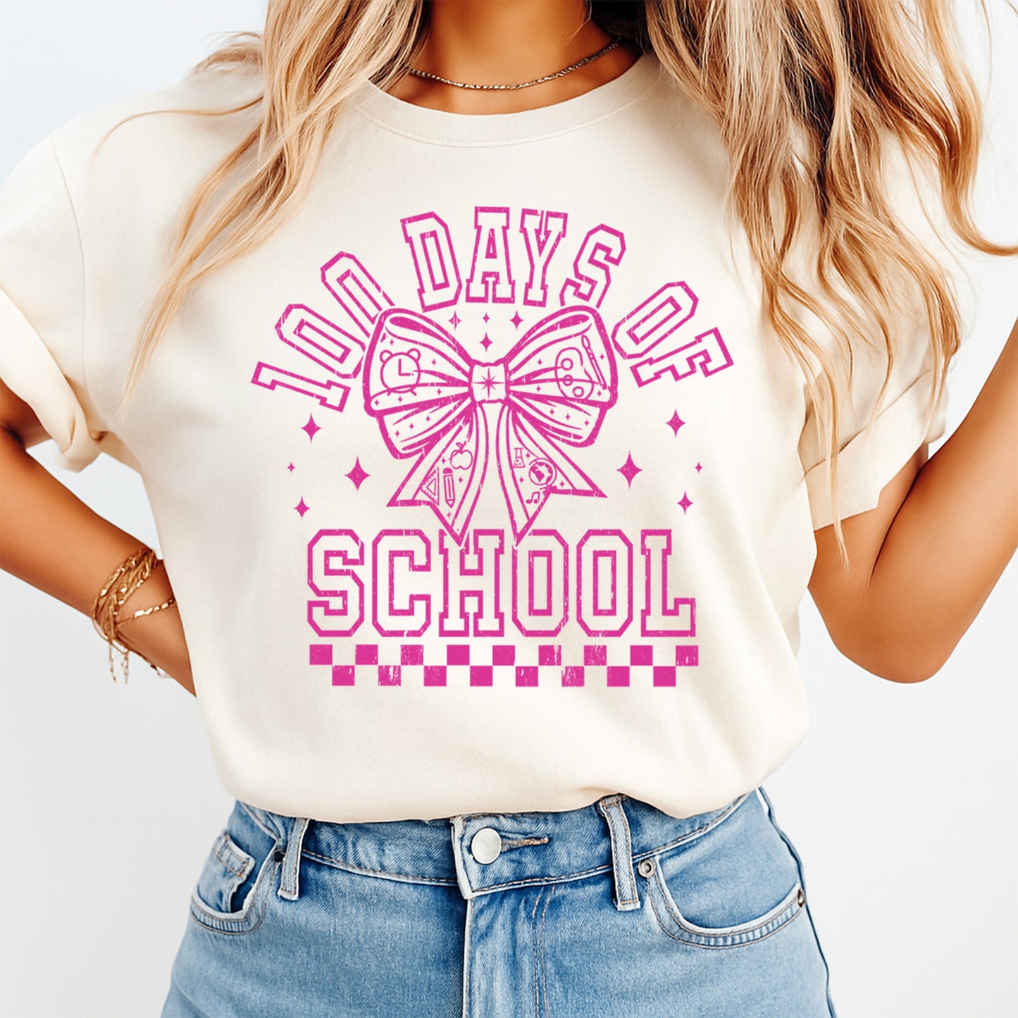 pink bow 100 days of school graphic tee mockup showing classroom celebration shirt design