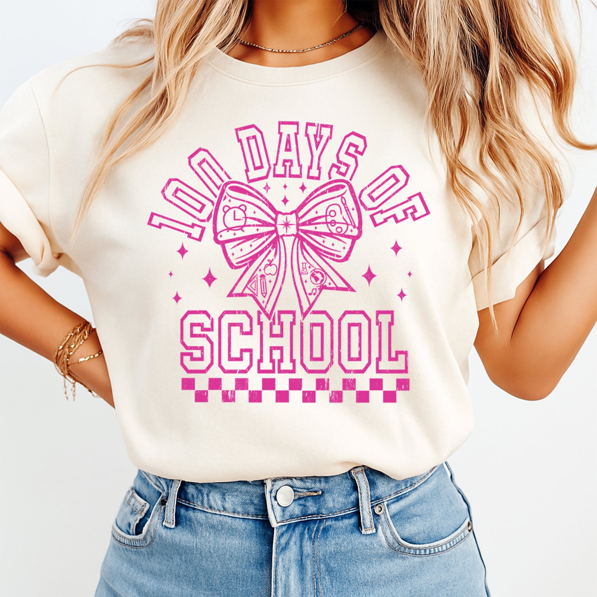 pink bow 100 days of school graphic tee mockup showing classroom celebration shirt design