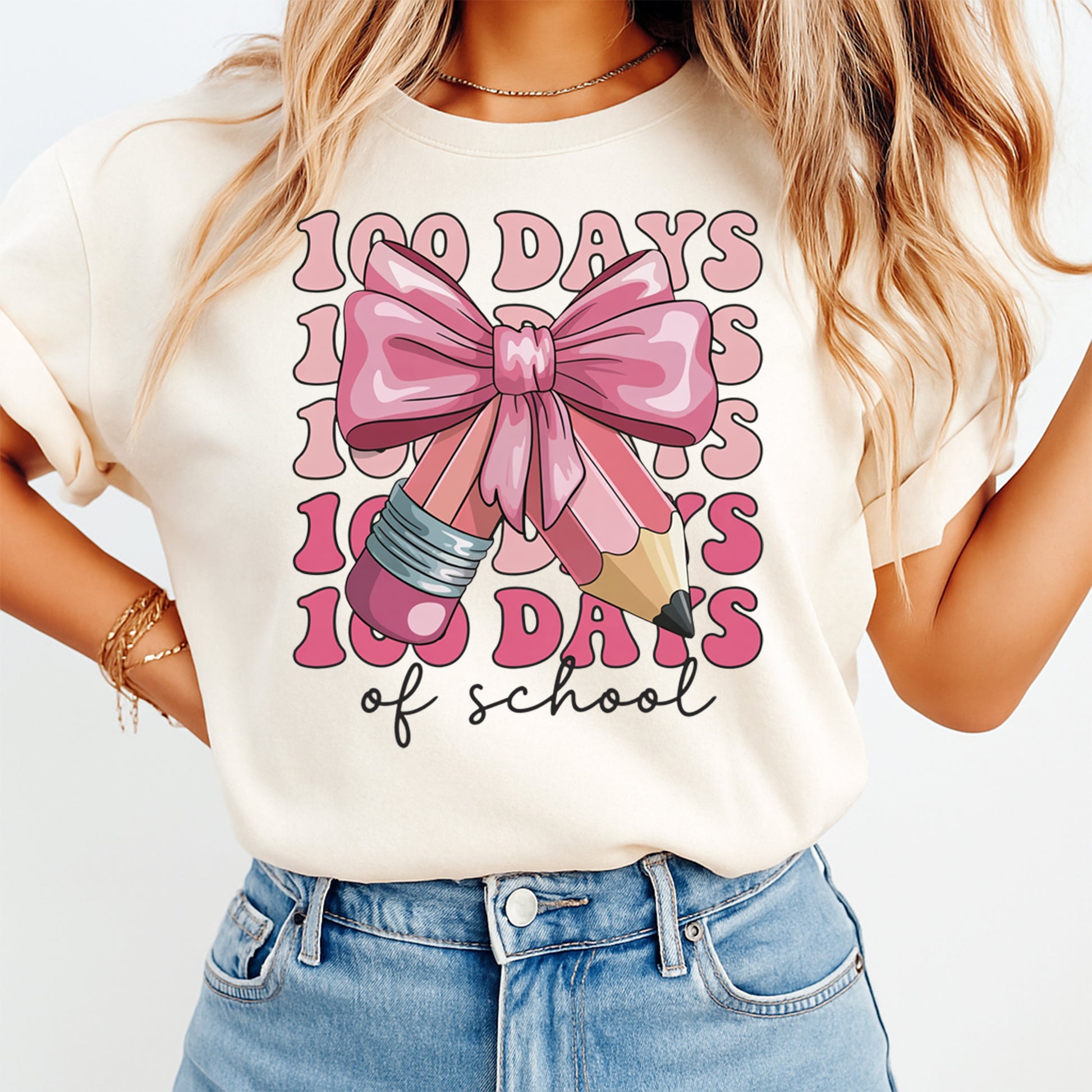 100 days of school bow pencil graphic tee mockup showing pink school celebration shirt design