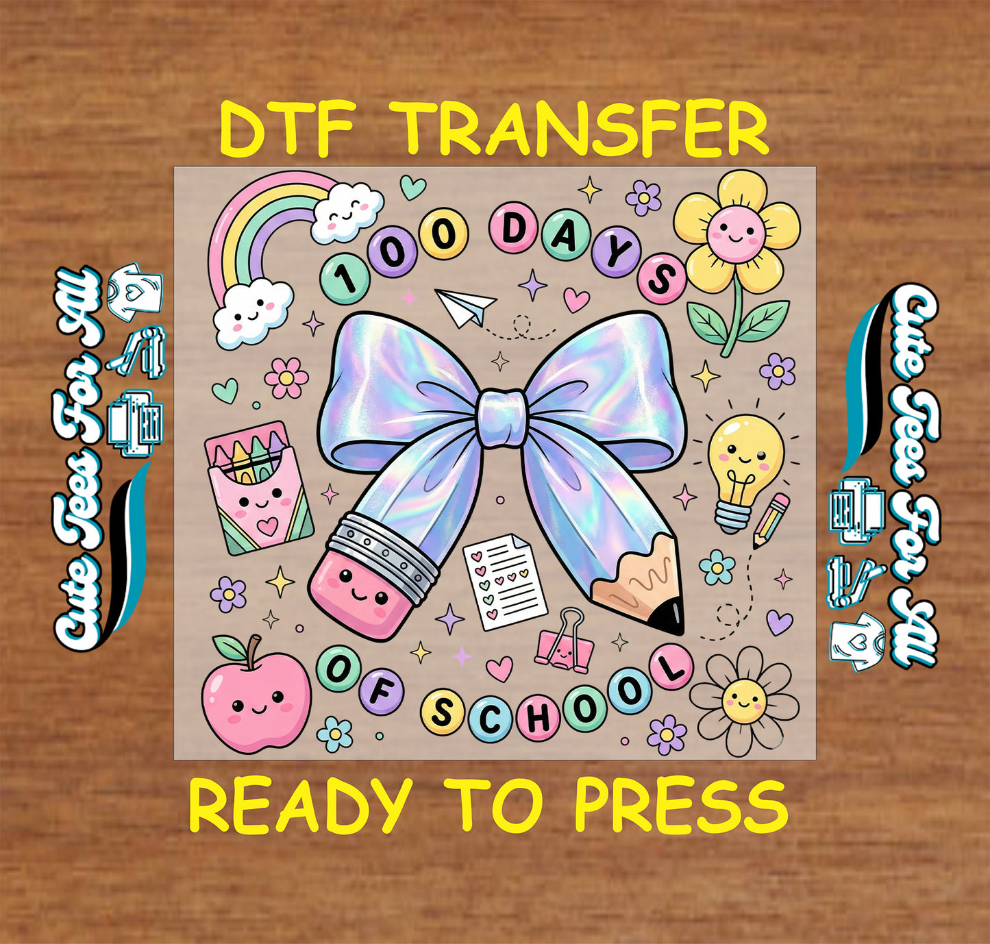 100 days of school rainbow bow ready to press dtf transfer with colorful classroom icons iron on heat transfer for diy shirts