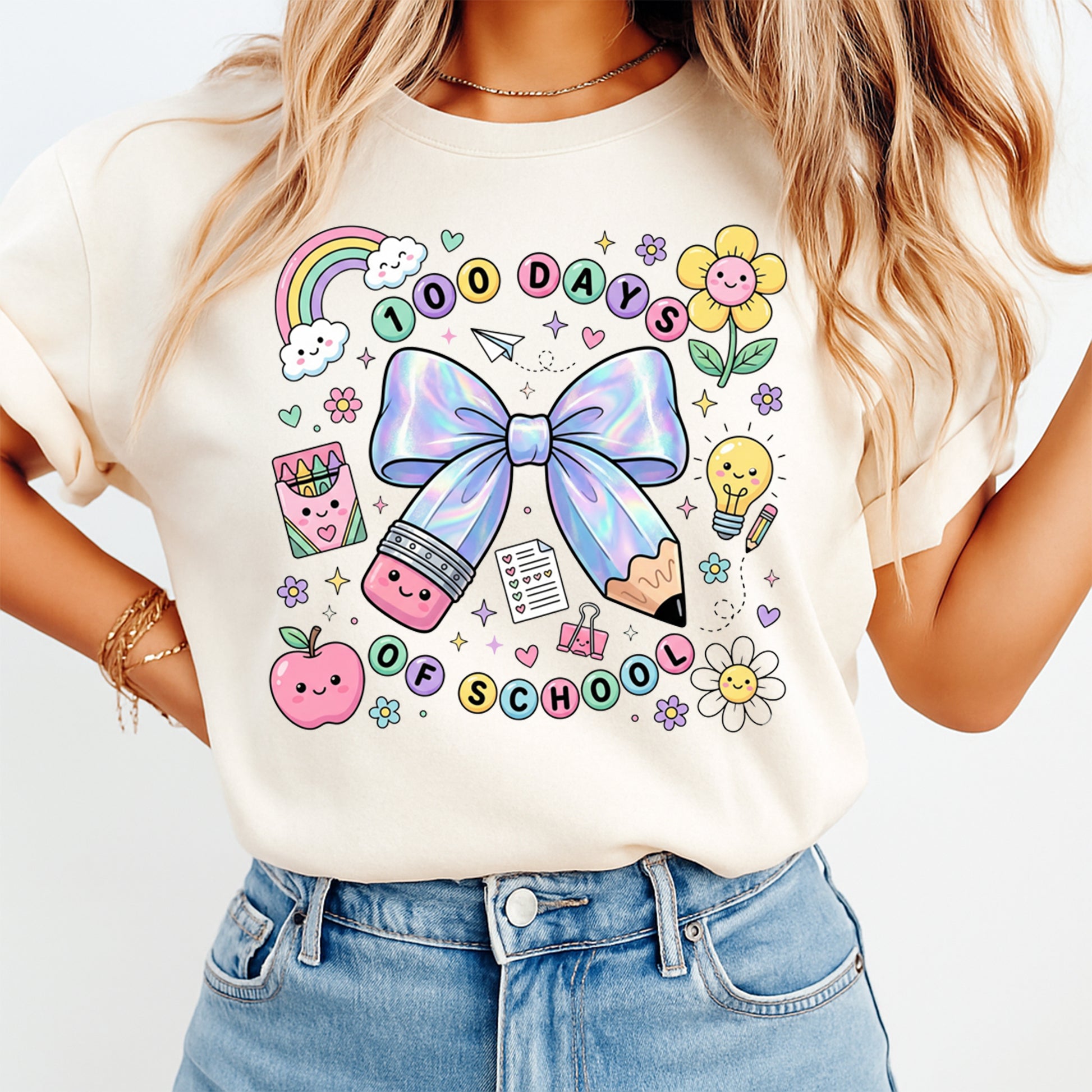 rainbow bow 100 days of school graphic tee mockup with colorful classroom icons and school celebration design