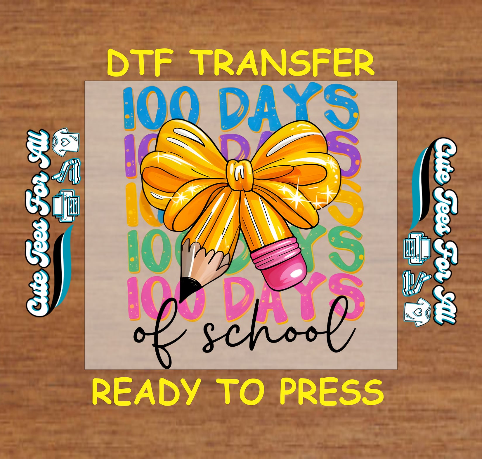 100 days of school yellow bow pencil ready to press dtf transfer classroom milestone iron on heat transfer for diy shirts