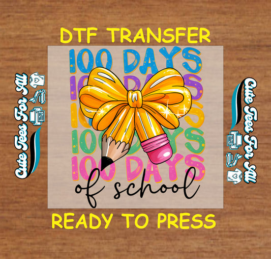 100 days of school yellow bow pencil ready to press dtf transfer classroom milestone iron on heat transfer for diy shirts