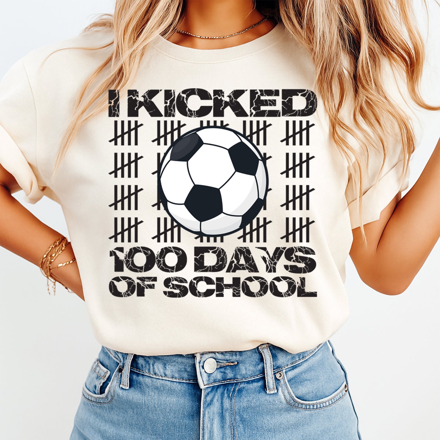 soccer i kicked 100 days of school graphic tee mockup showing sports themed classroom celebration shirt