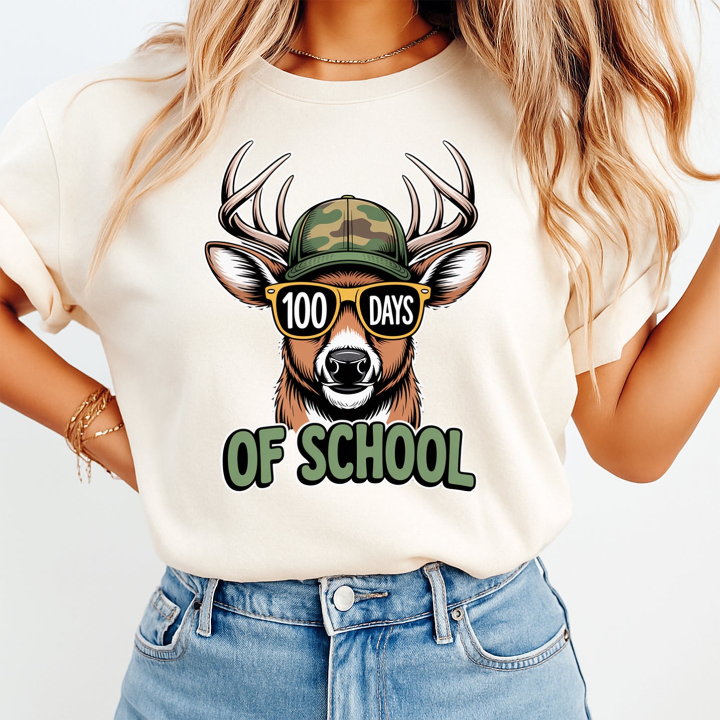 100 days of school deer graphic tee mockup showing hunter style classroom celebration shirt design